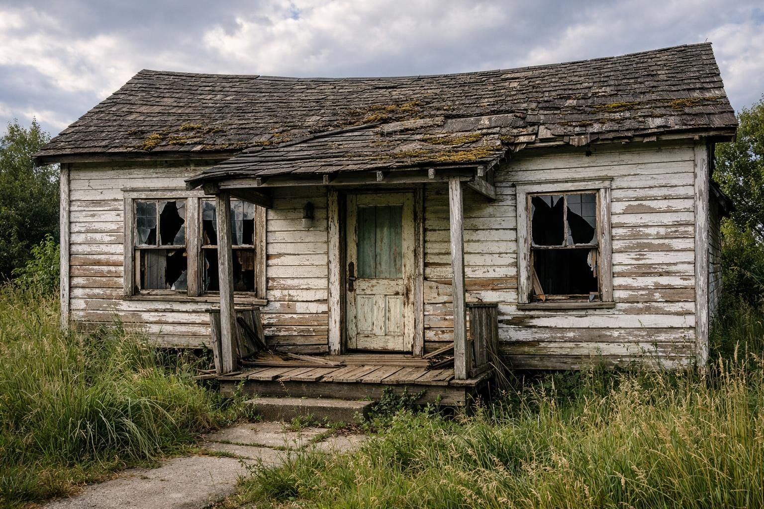 A dilapidated wooden house shows years of neglect and disrepair. A dilapidated wooden house shows years of neglect and disrepair.