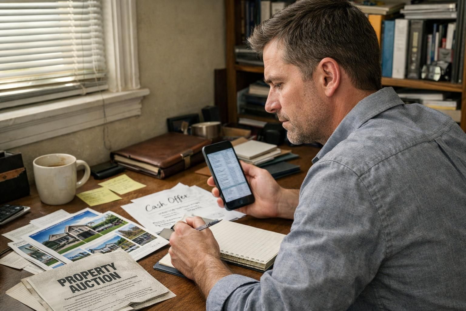 A focused man reviews real estate documents in a cluttered home office. A focused man reviews real estate documents in a cluttered home office.