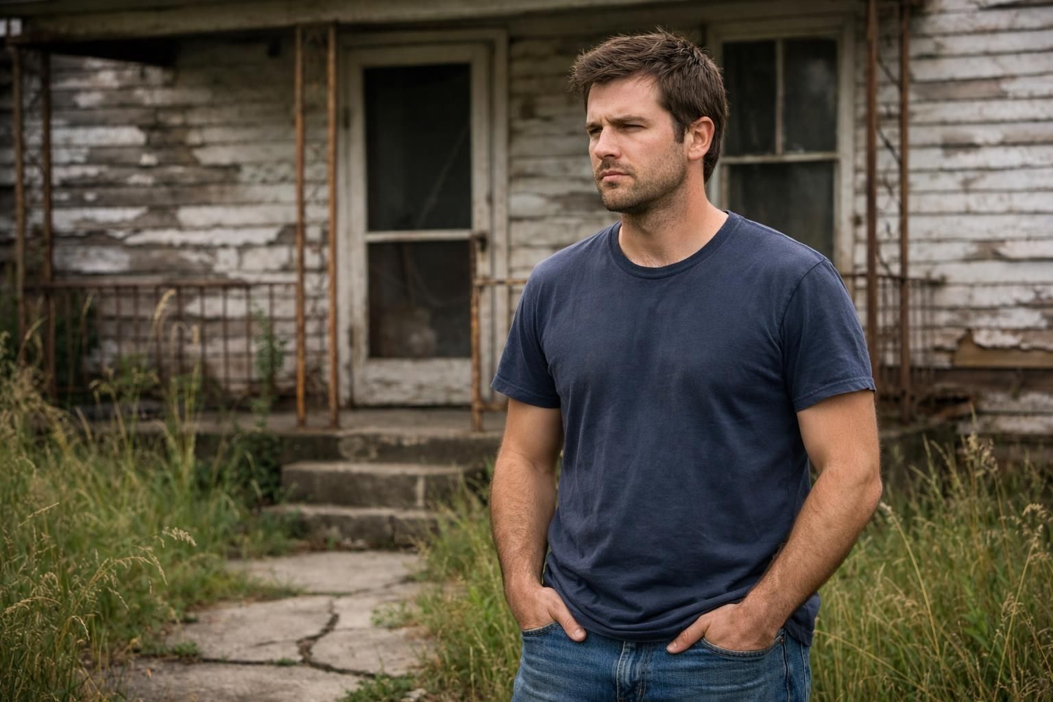 A contemplative man stands near a dilapidated wooden house. A contemplative man stands near a dilapidated wooden house.