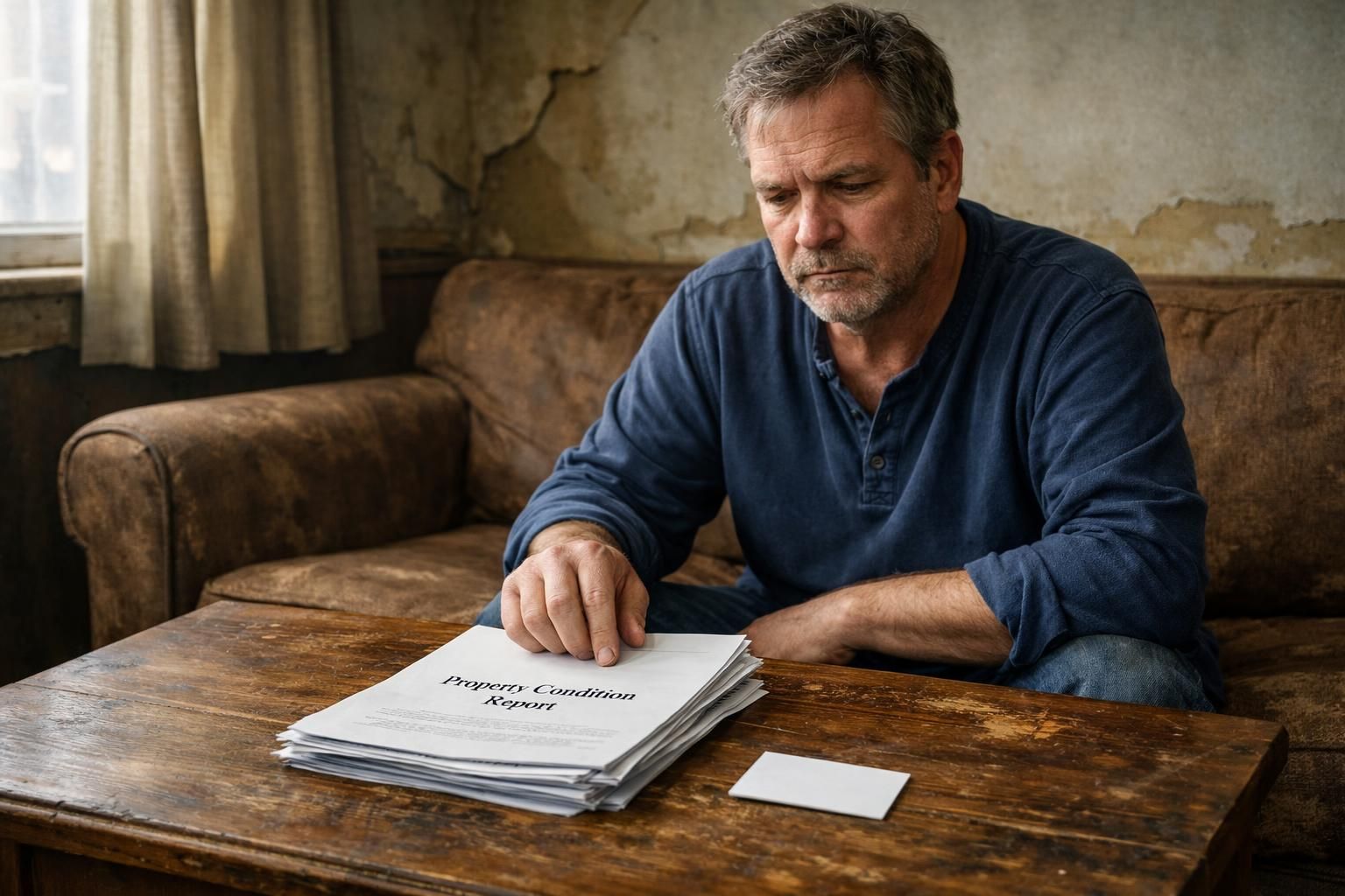 A contemplative man sits in a worn living room with paperwork. A contemplative man sits in a worn living room with paperwork.
