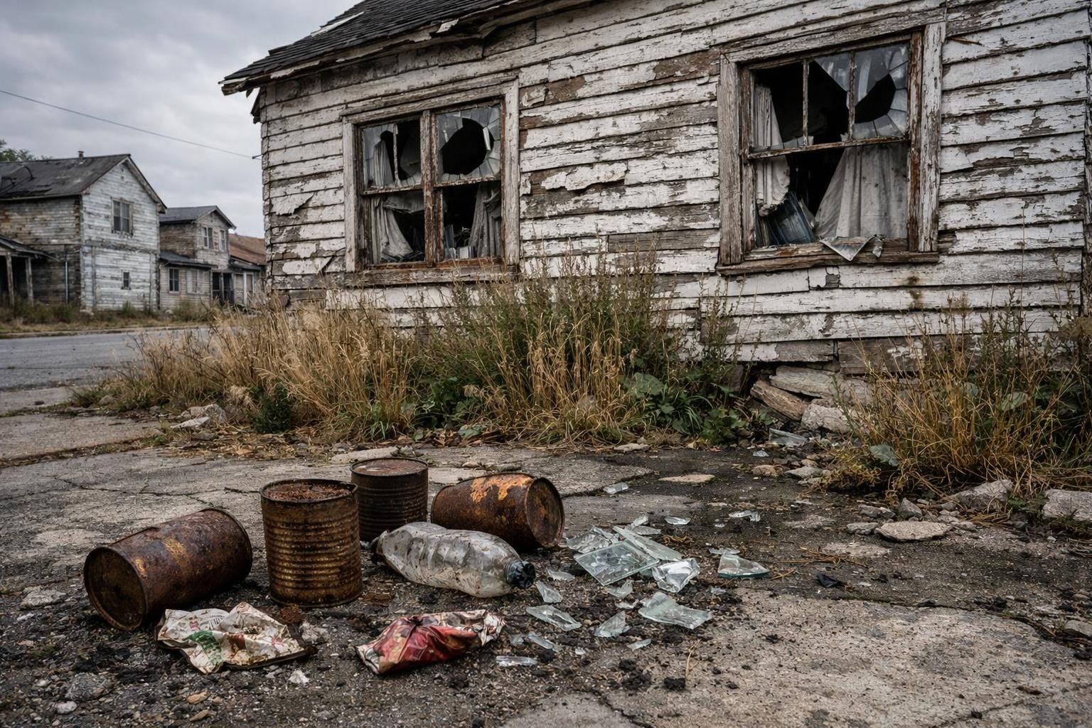 A dilapidated house surrounded by overgrown weeds and discarded debris. A dilapidated house surrounded by overgrown weeds and discarded debris.