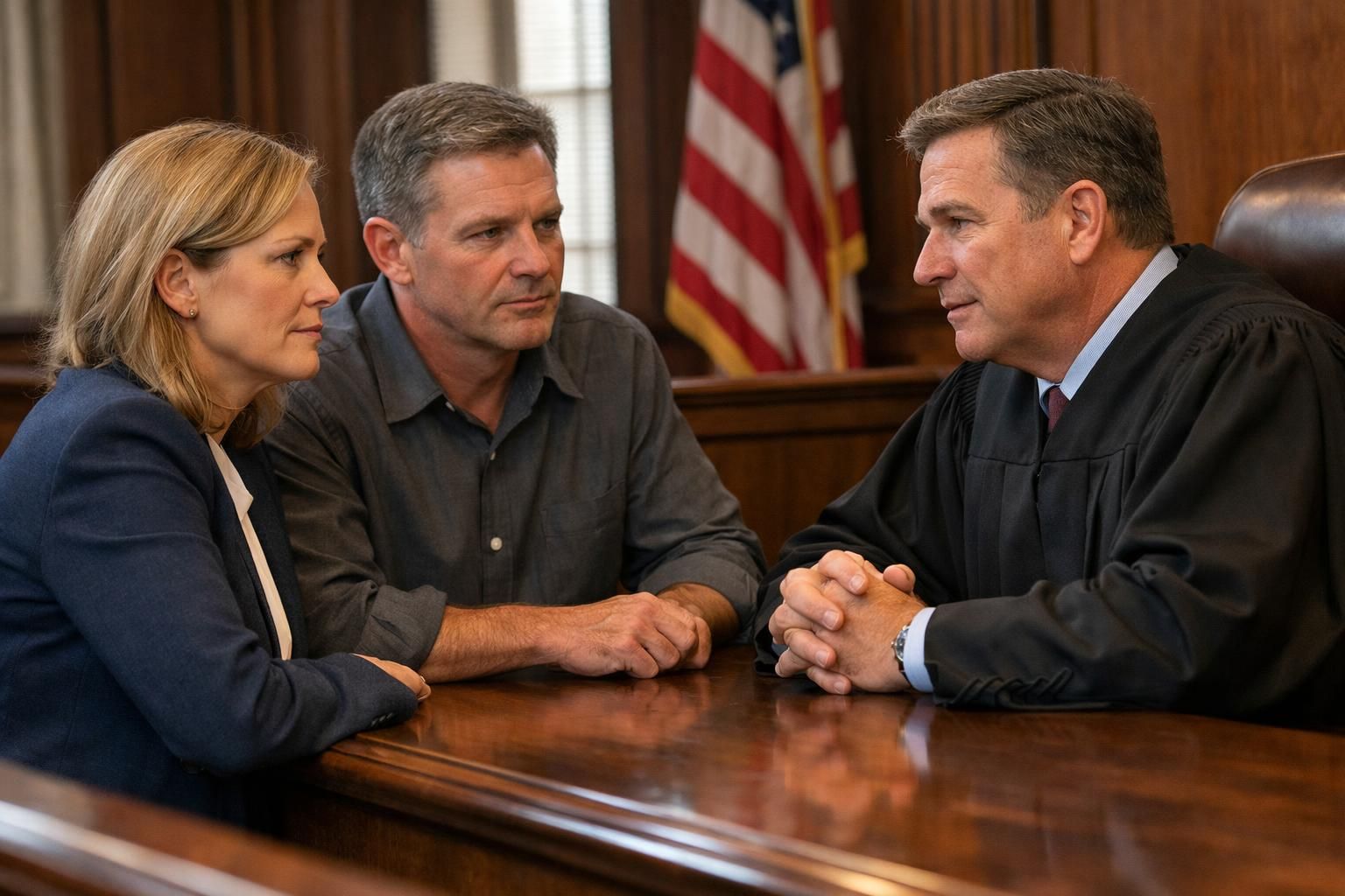 A couple meets with a judge to discuss estate property sale. A couple meets with a judge to discuss estate property sale.