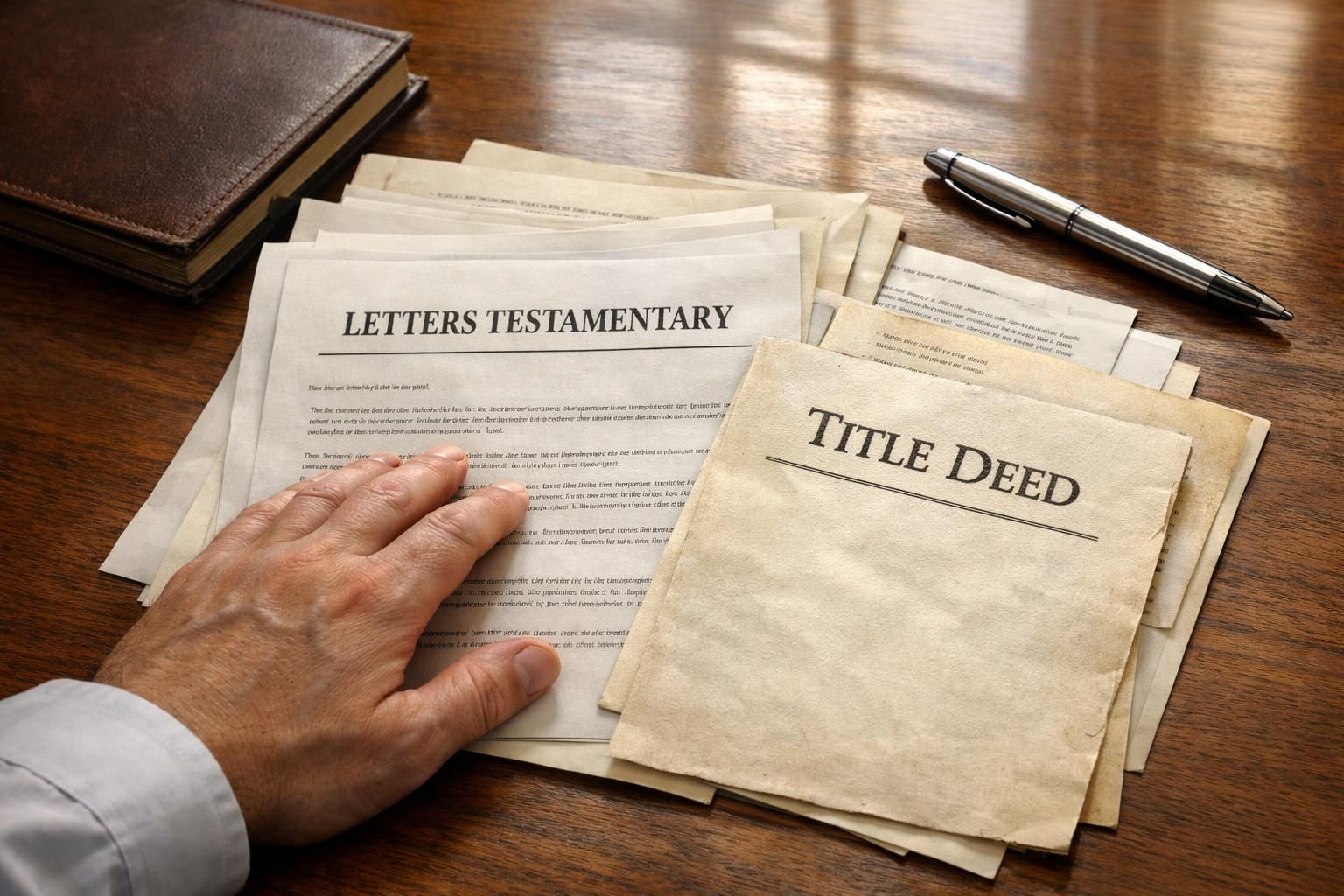 A hand hovers over legal documents on a polished desk. A hand hovers over legal documents on a polished desk.