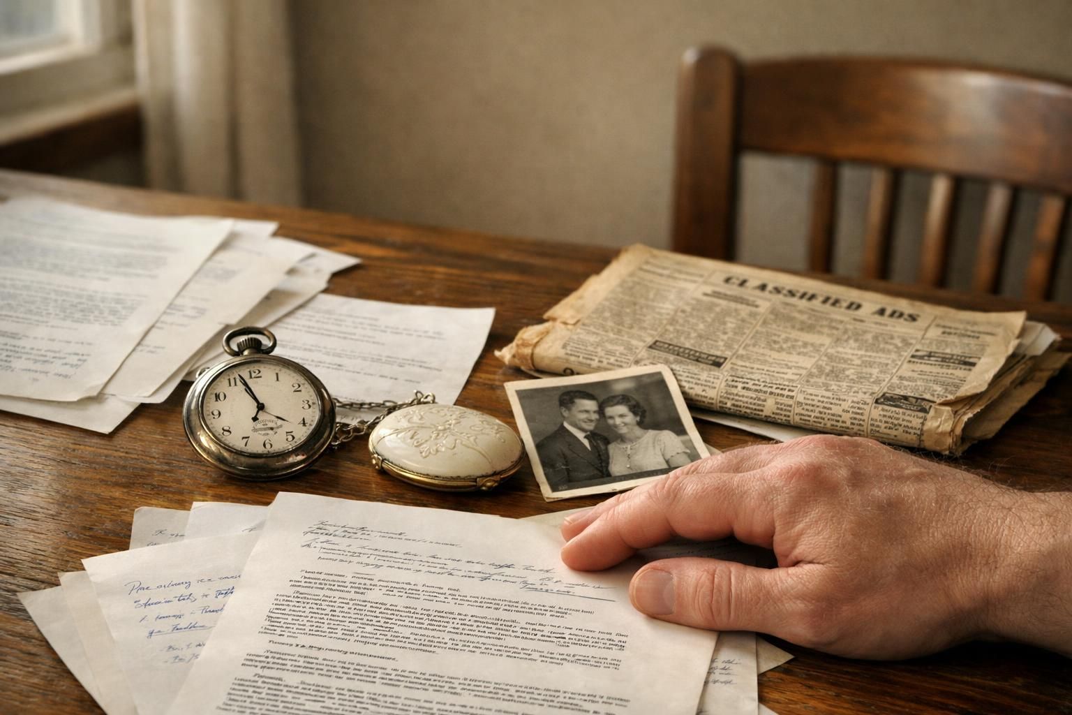 A cluttered wooden desk holds documents, heirlooms, and a photograph. A cluttered wooden desk holds documents, heirlooms, and a photograph.