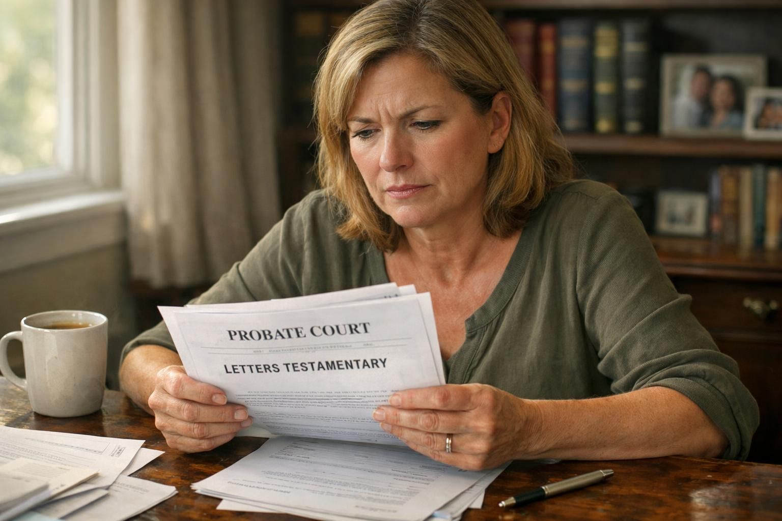 A woman reviews probate documents at a cluttered wooden desk. A woman reviews probate documents at a cluttered wooden desk.