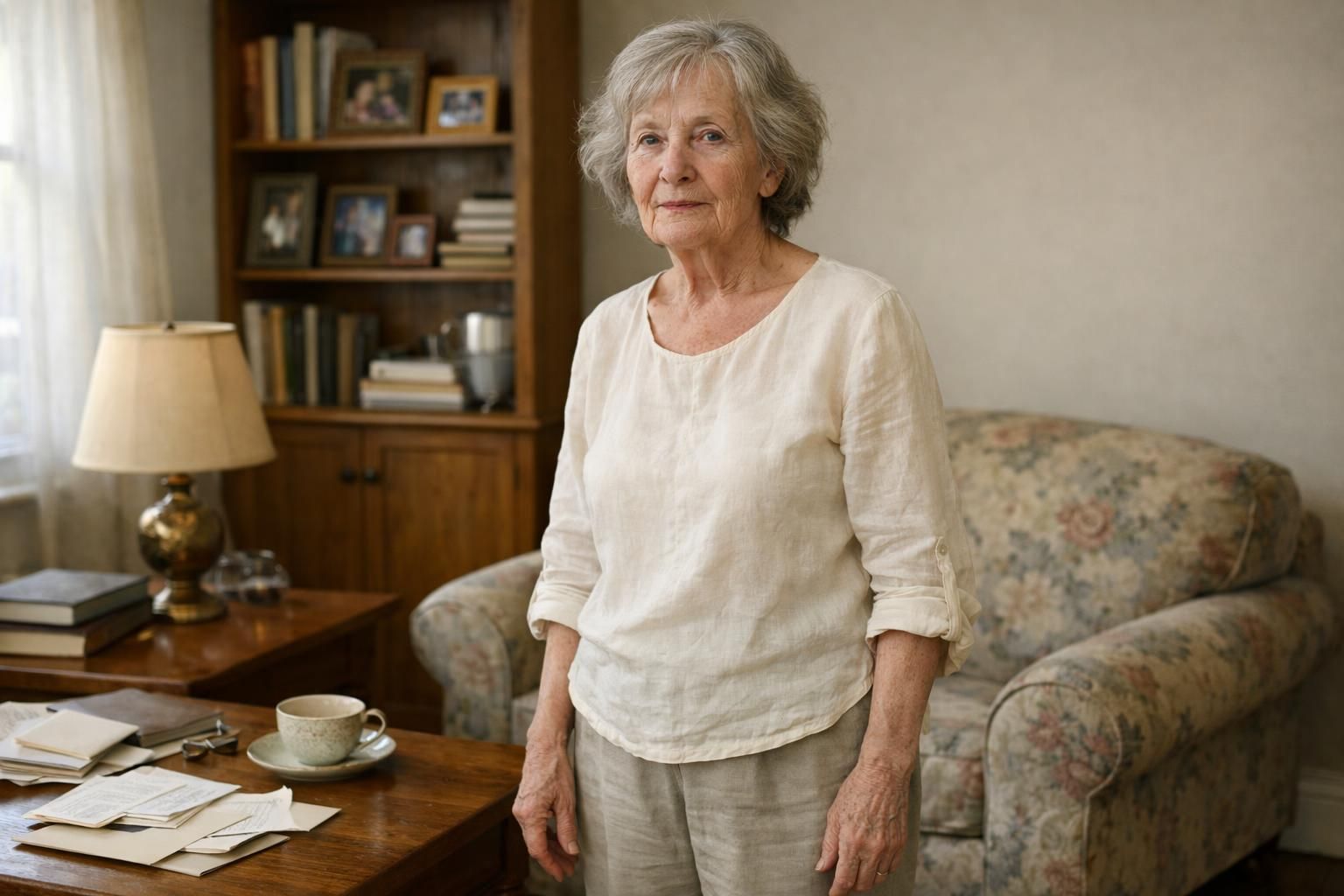 An elderly woman stands contemplatively in her cozy living room.