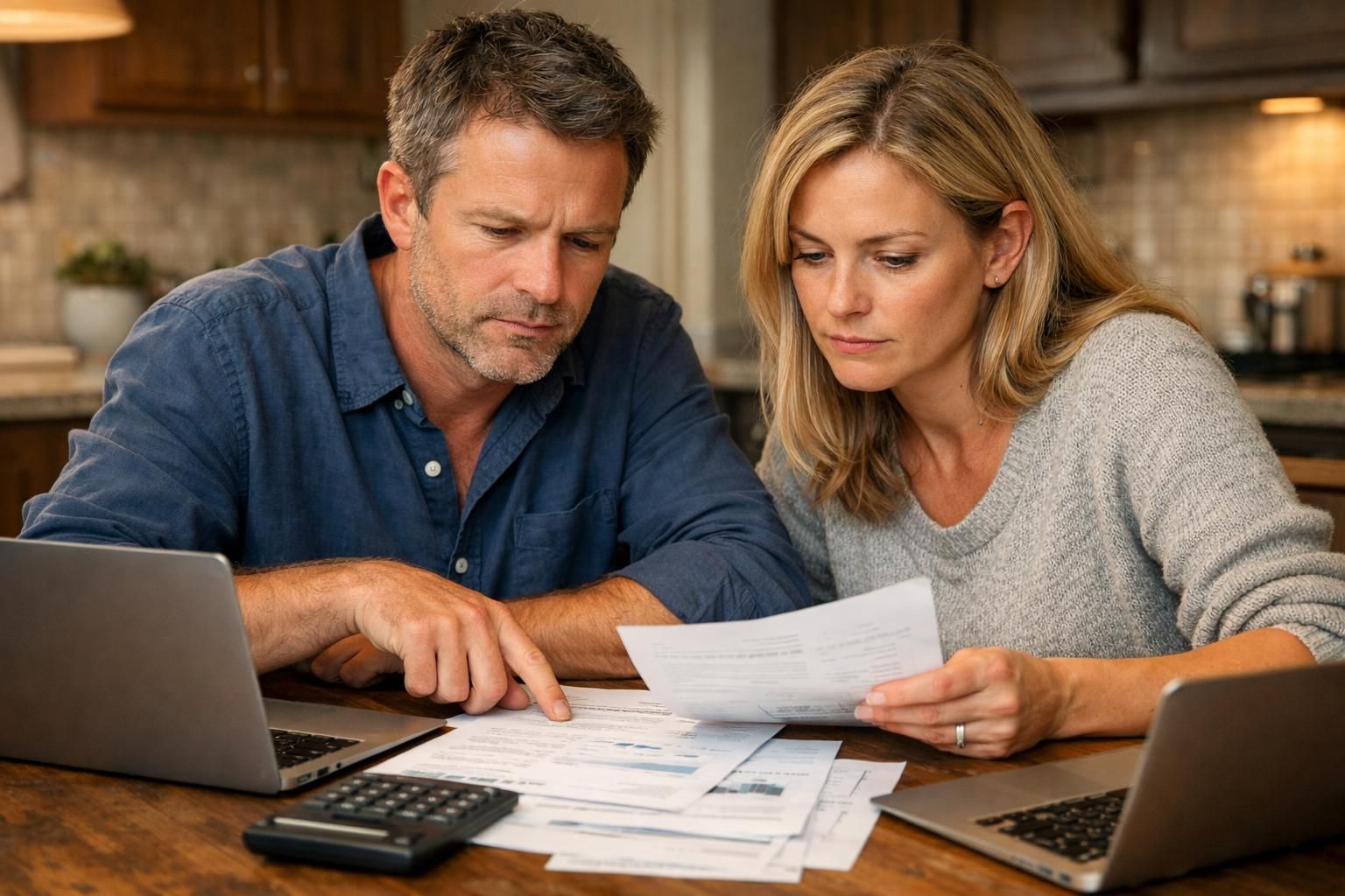 A couple reviews documents at a kitchen table with laptops.