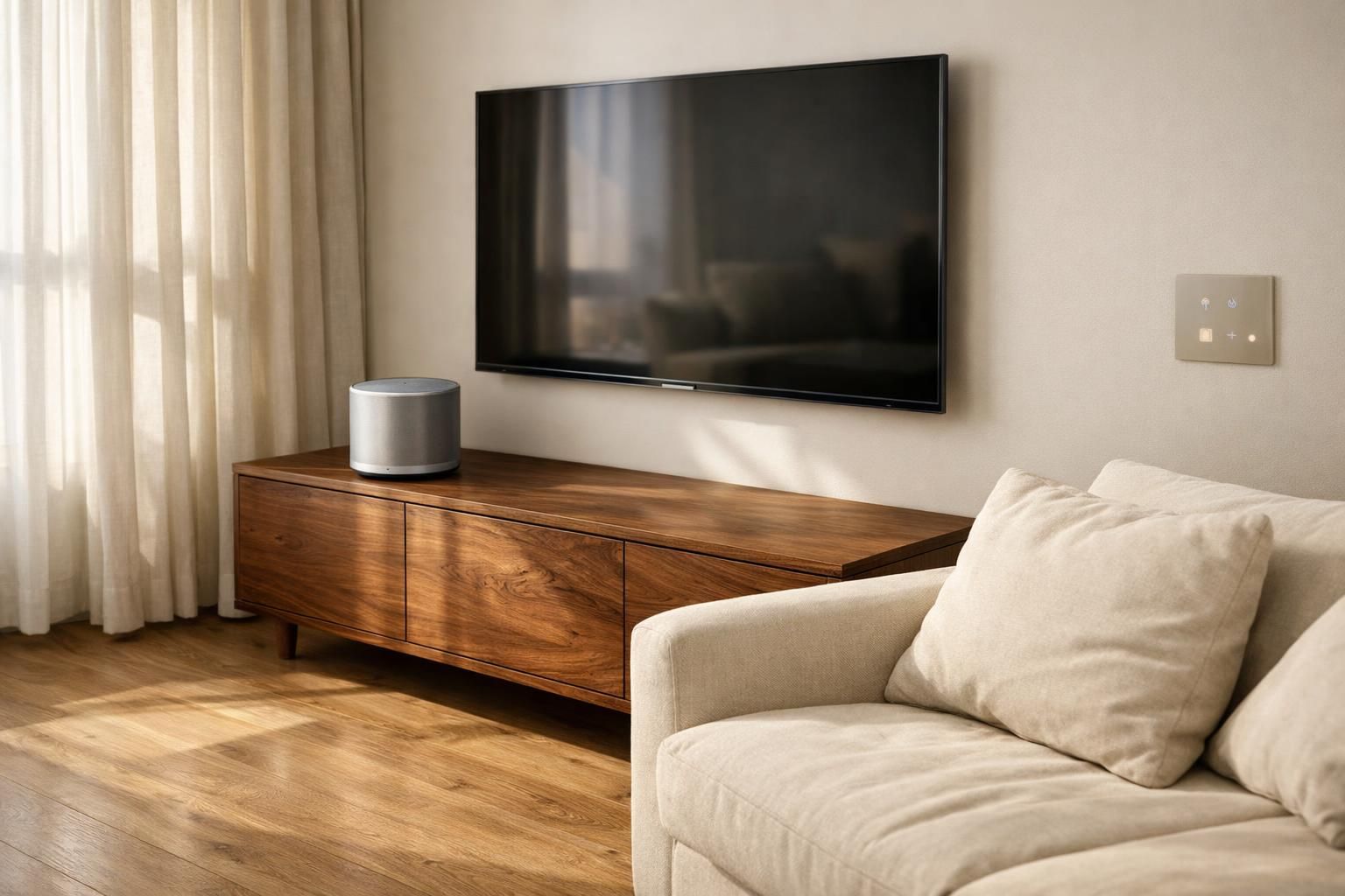 A minimalist living room featuring smart technology and inviting decor.