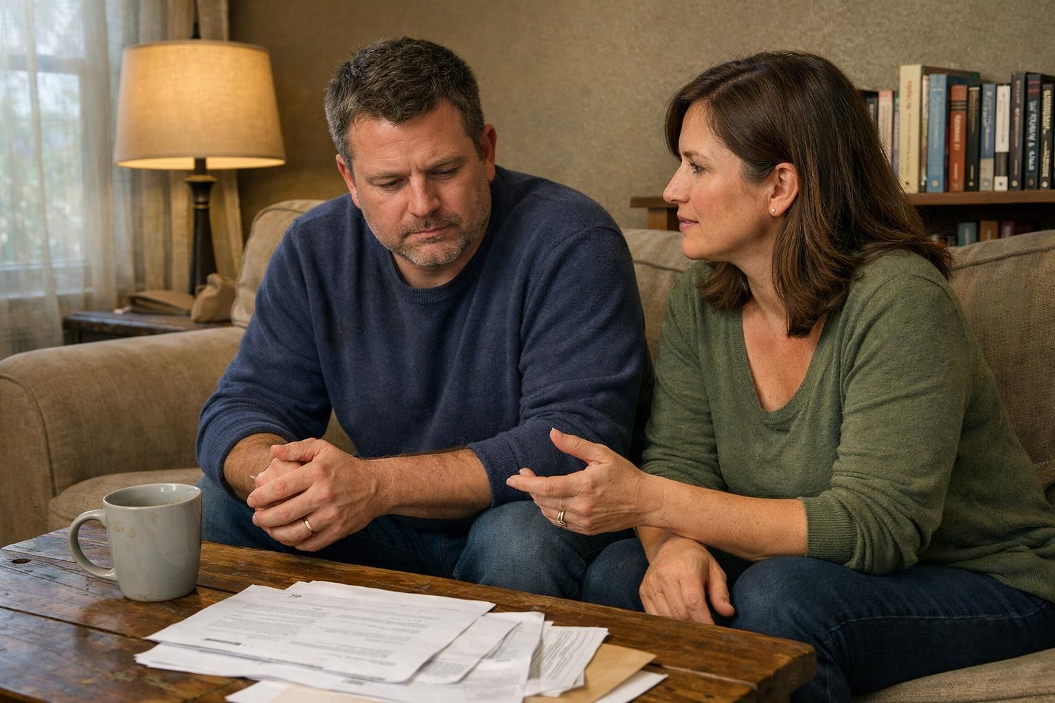 A couple discusses selling their home in a cozy living room. A couple discusses selling their home in a cozy living room.