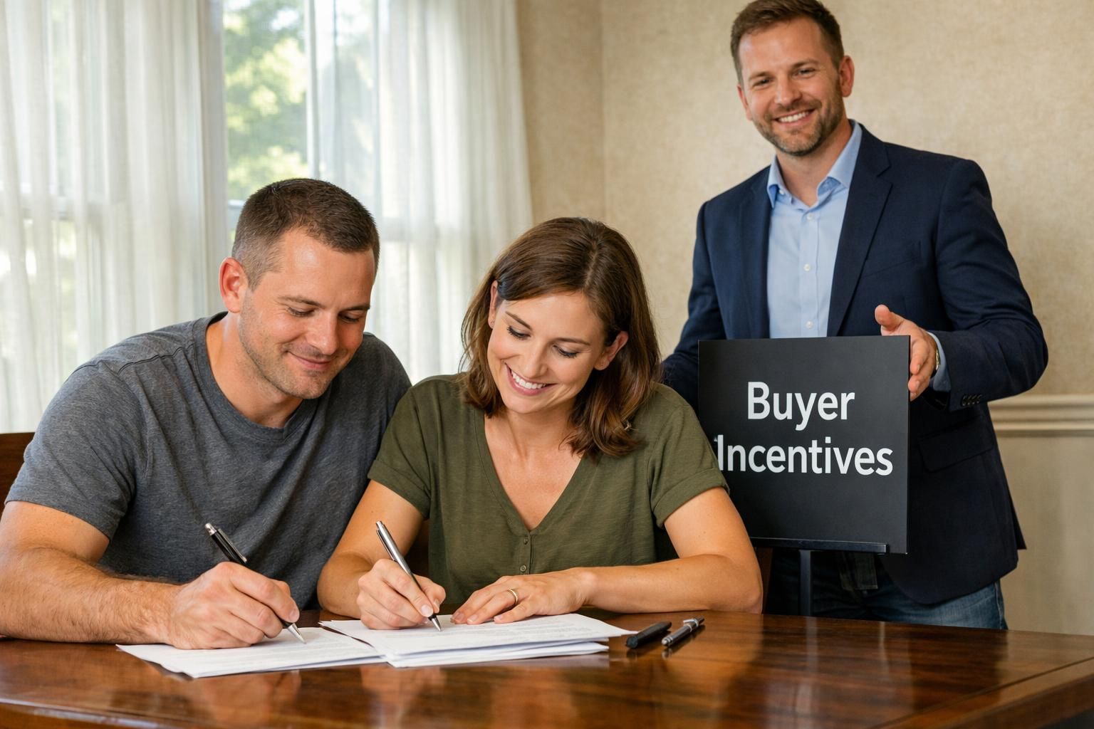 A couple confidently signs mortgage documents with their real estate agent. A couple confidently signs mortgage documents with their real estate agent.