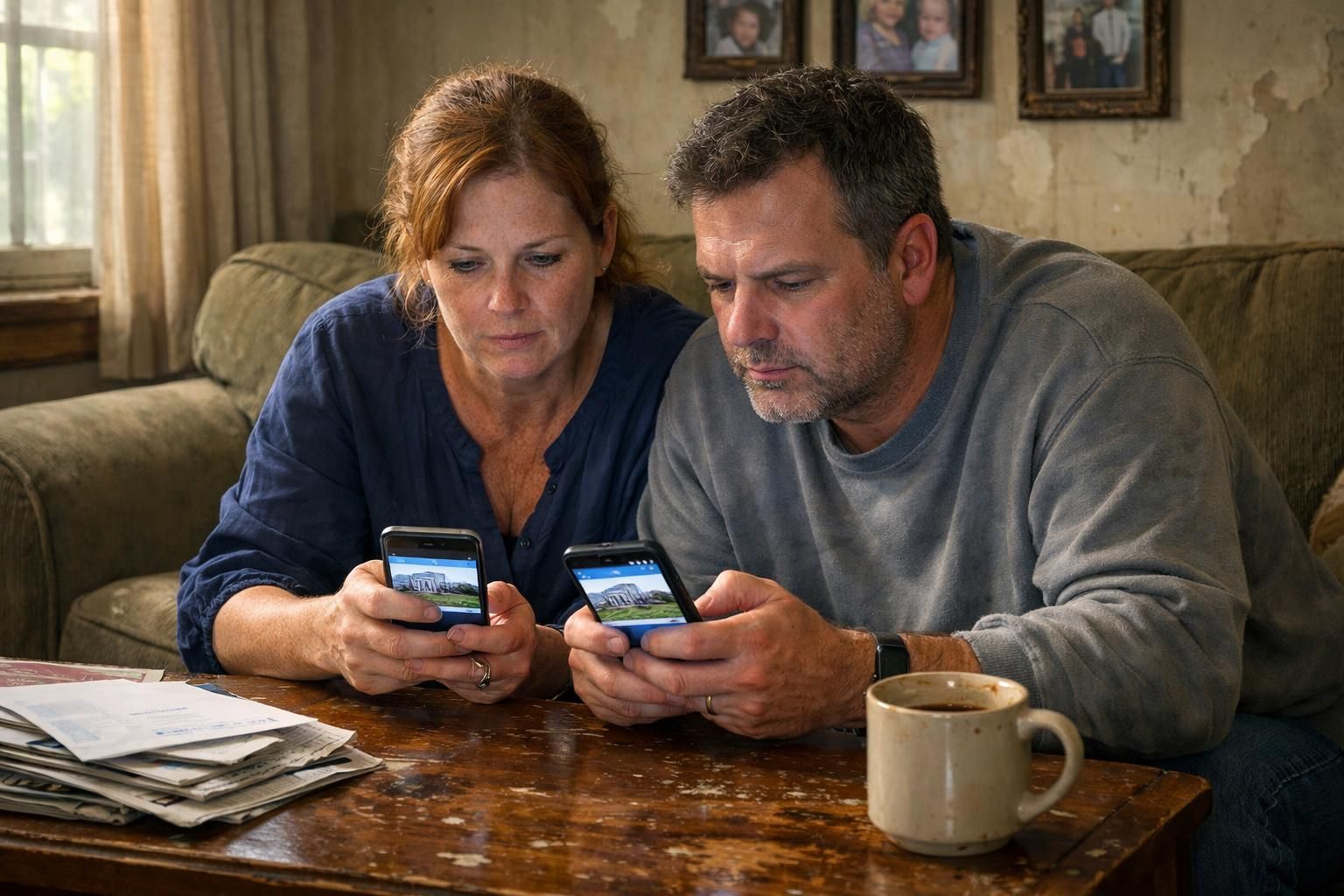 A couple discusses selling their home while reviewing real estate listings. A couple discusses selling their home while reviewing real estate listings.