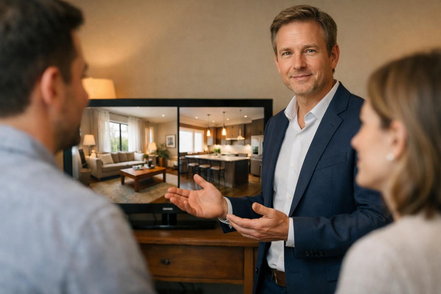 A real estate agent conducts a virtual home tour in a living room. A real estate agent conducts a virtual home tour in a living room.
