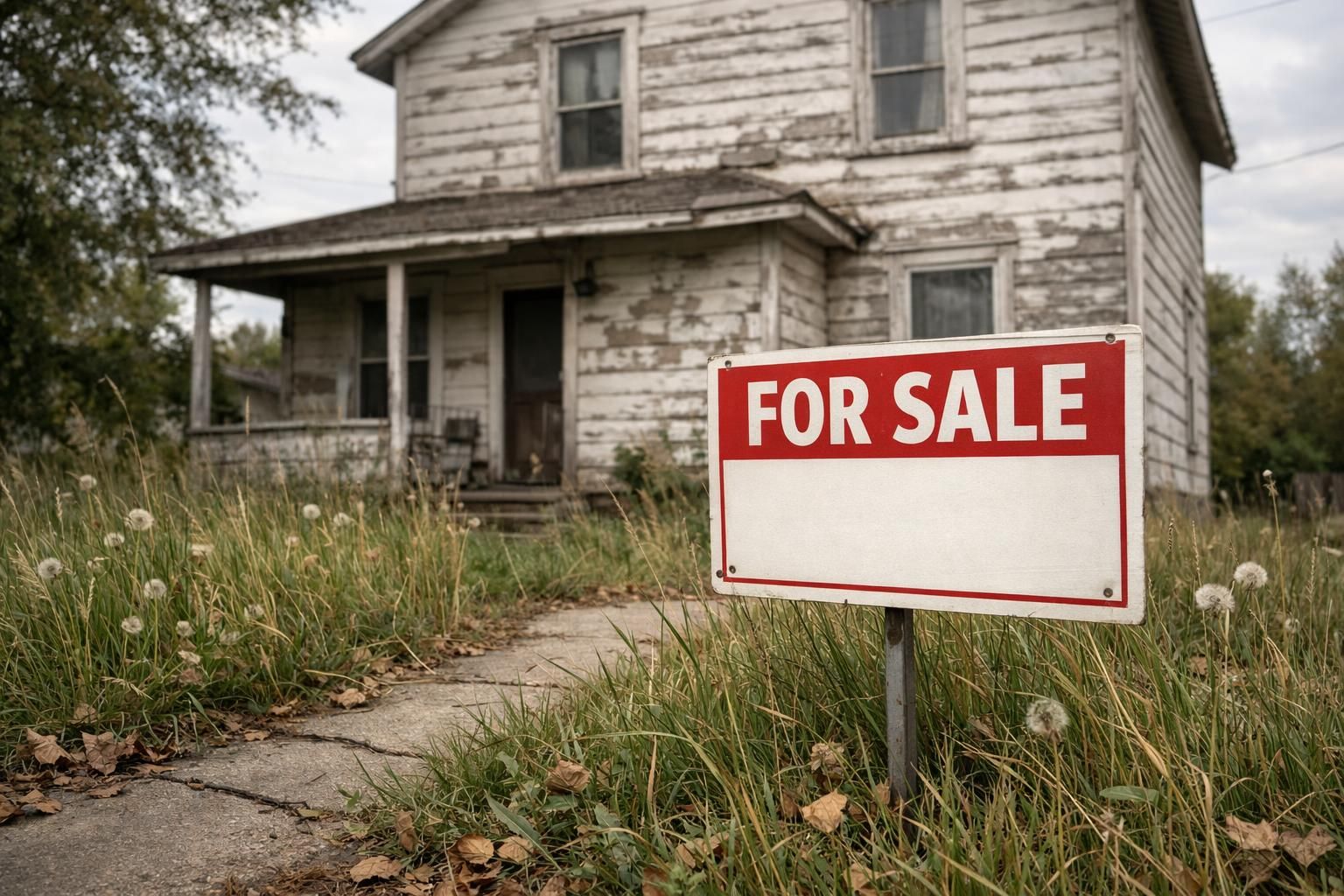 A dilapidated two-story house for sale amid overgrown grass and dandelions. A dilapidated two-story house for sale amid overgrown grass and dandelions.