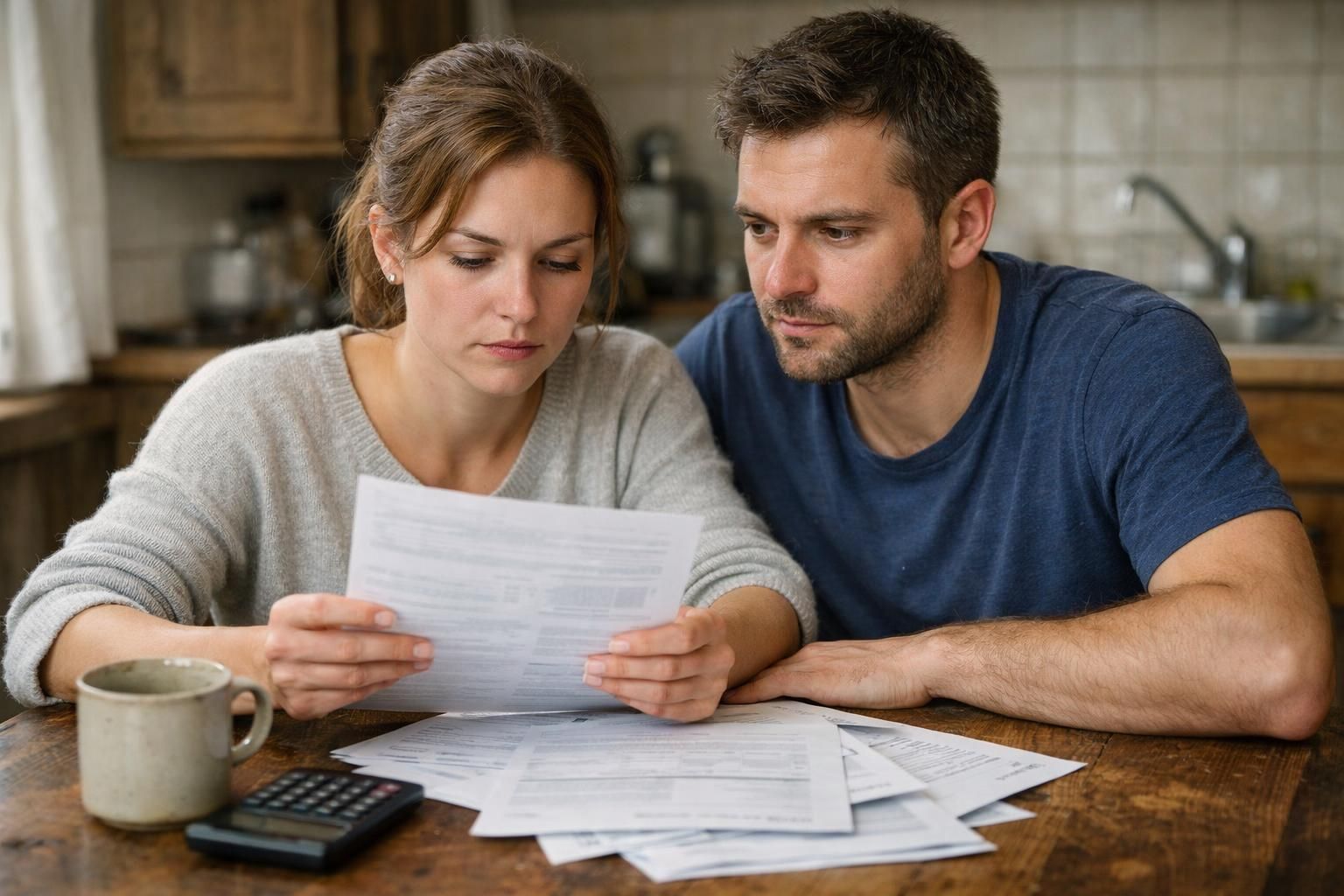 A couple discusses home loan documents at a kitchen table. A couple discusses home loan documents at a kitchen table.
