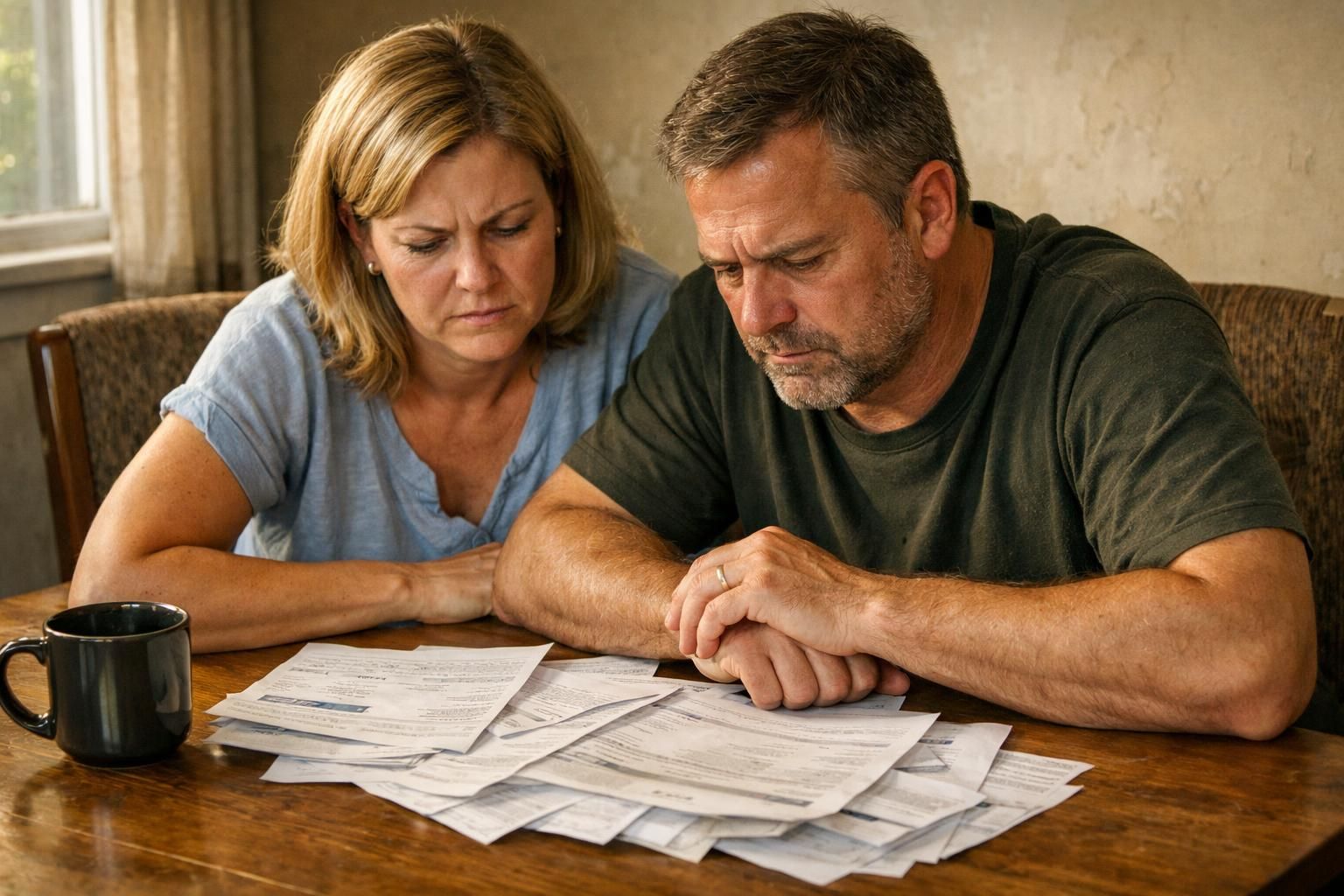 A couple examines bills at a cluttered dining table, showing concern. A couple examines bills at a cluttered dining table, showing concern.