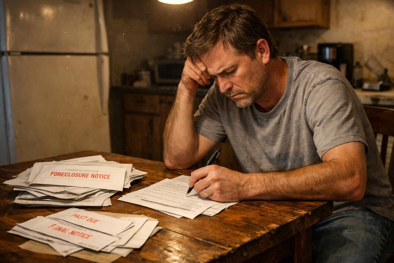 A worried homeowner reviews bills and foreclosure notices at their kitchen table. A worried homeowner reviews bills and foreclosure notices at their kitchen table.