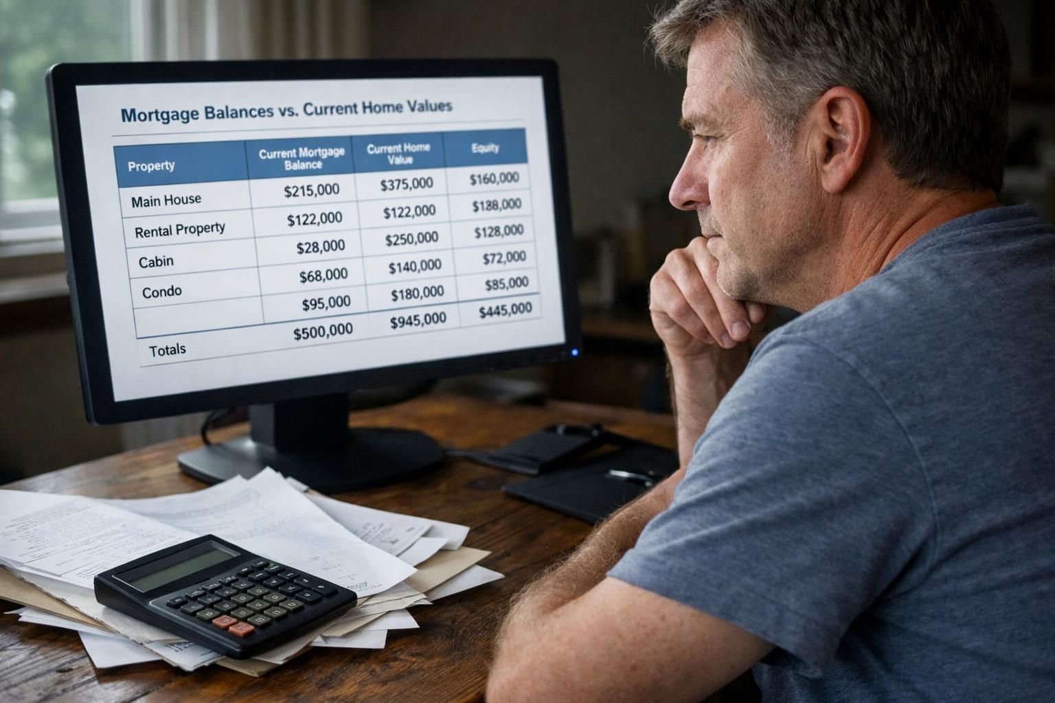 A person reviews mortgage data on a cluttered wooden desk. A person reviews mortgage data on a cluttered wooden desk.