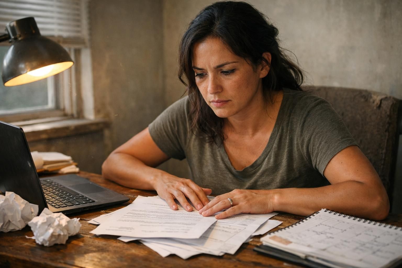 A woman contemplates difficult decisions at a cluttered desk. A woman contemplates difficult decisions at a cluttered desk.