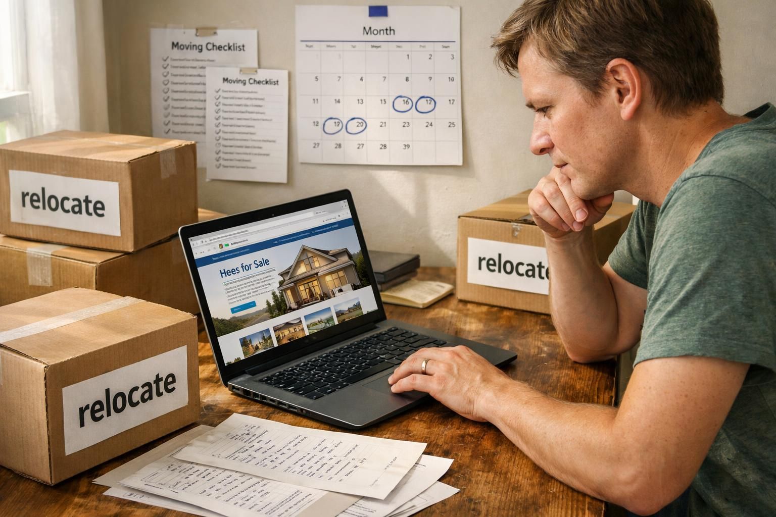 A cluttered home office reflects preparation for an upcoming move. A cluttered home office reflects preparation for an upcoming move.
