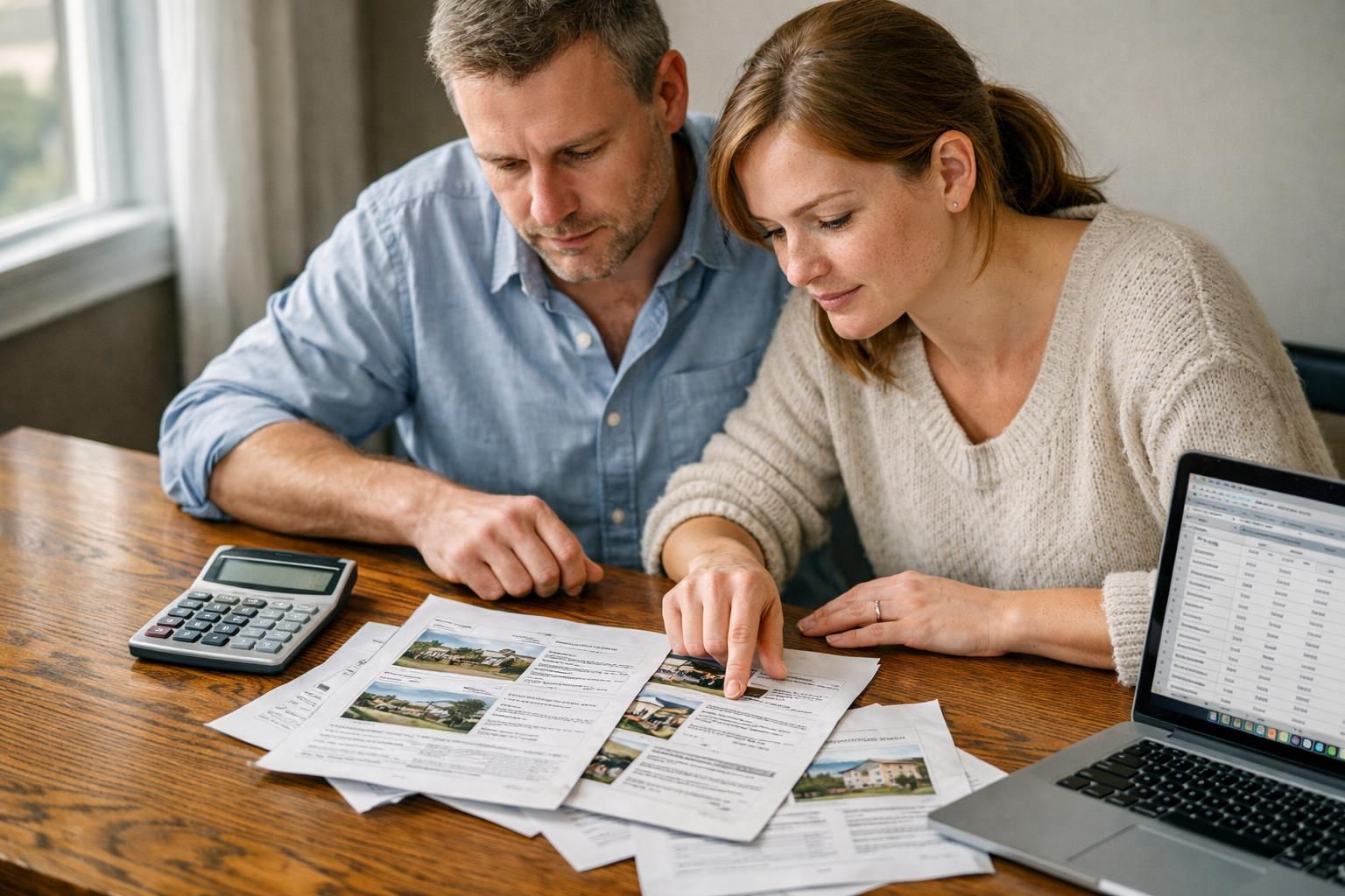 A focused couple collaborates on real estate listings at a desk. A focused couple collaborates on real estate listings at a desk.