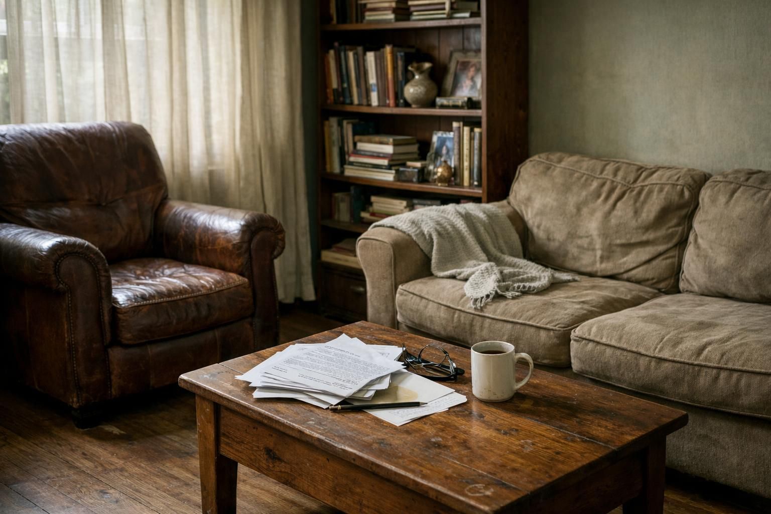 A cozy, worn living room filled with books and vintage furniture.