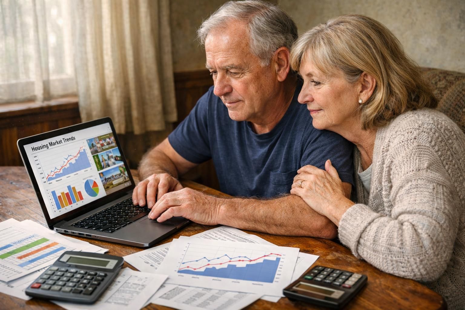 Elderly couple researching retirement housing together at a cluttered table.