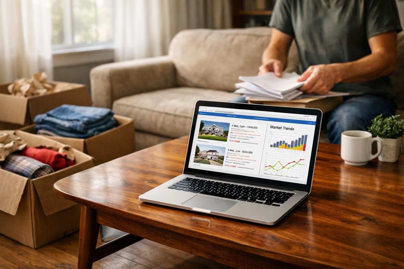 A cluttered living room features packing, organization, and real estate research.