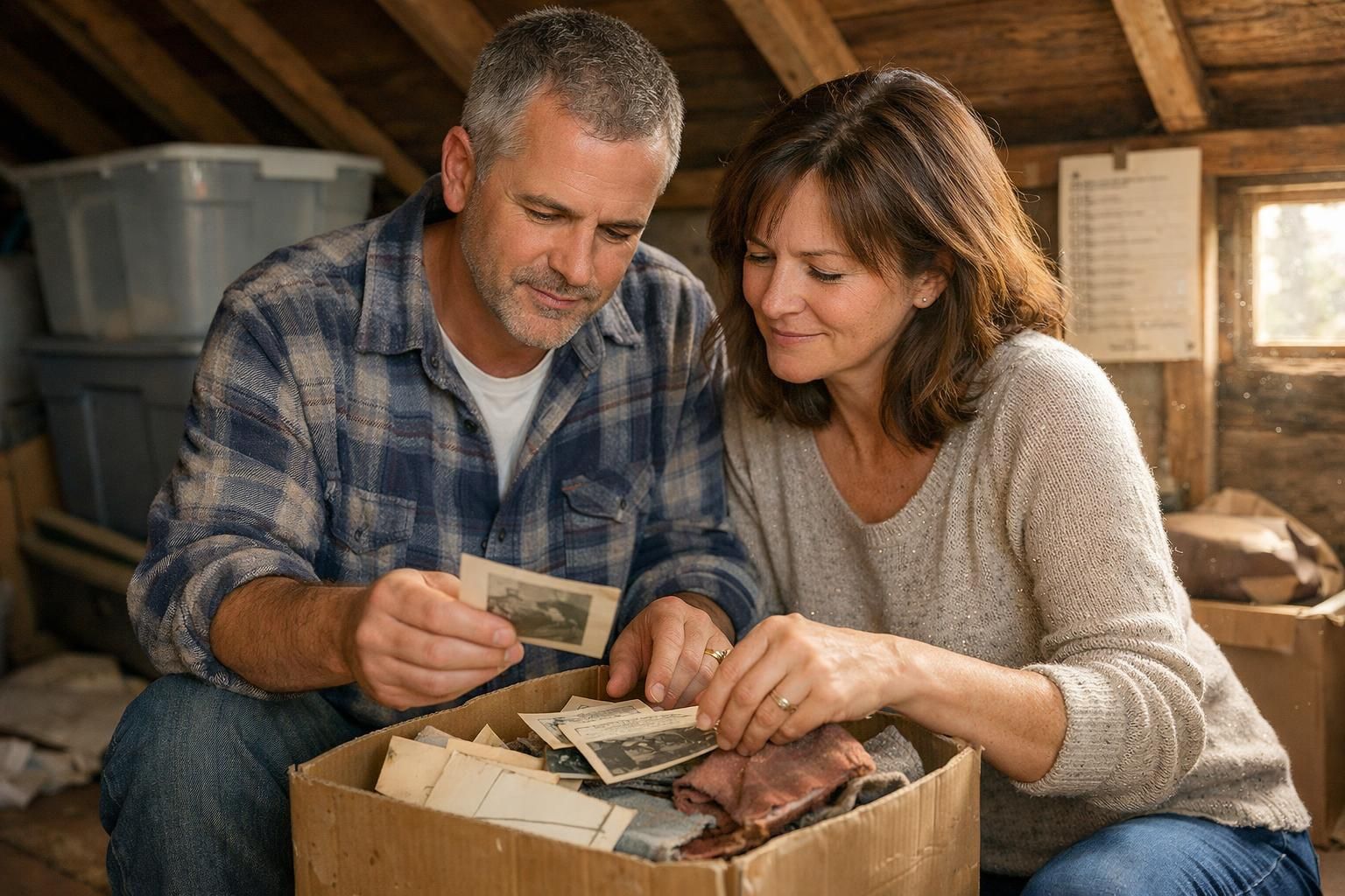 A couple sorts through memories in a cluttered attic space.