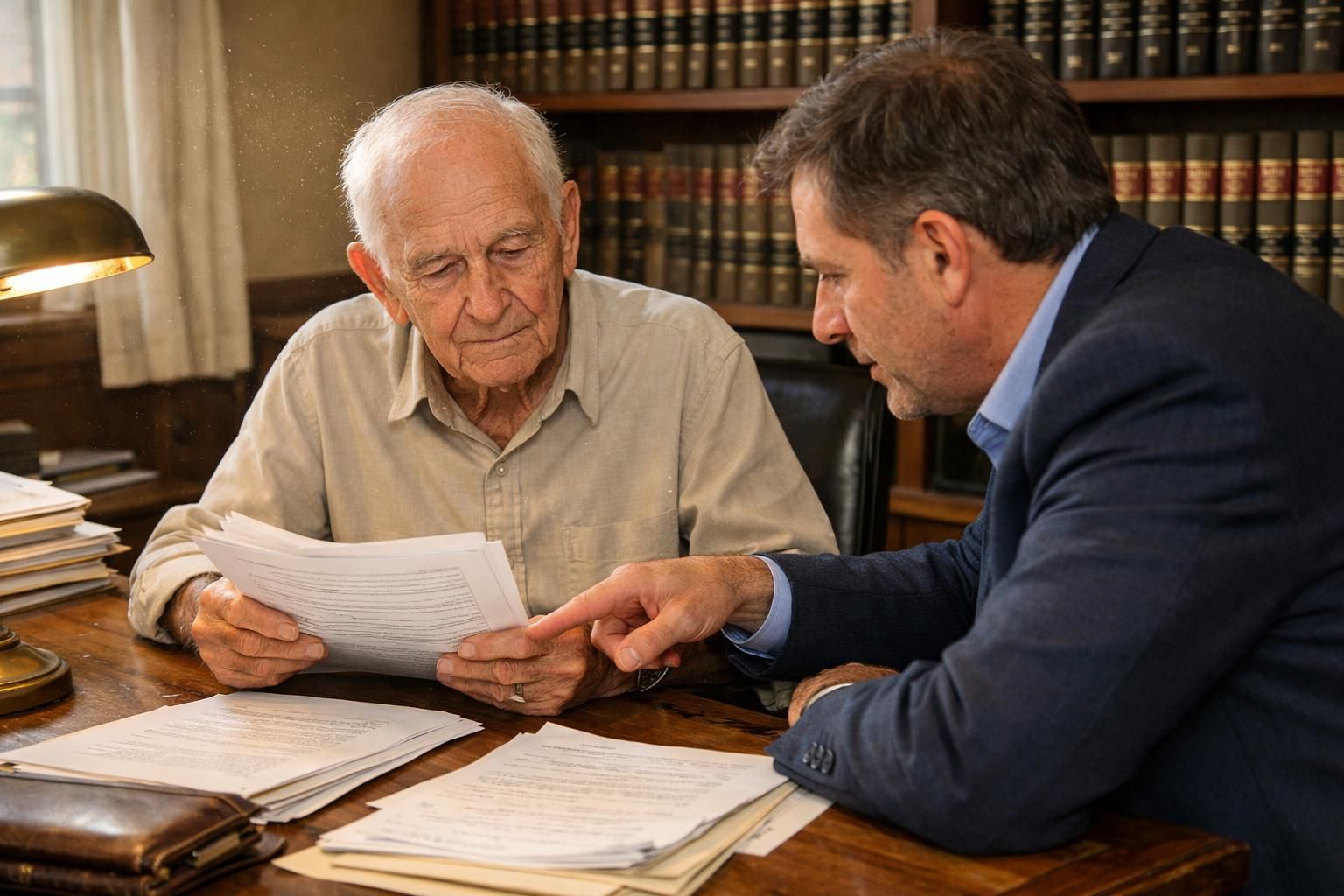 An elderly man reviews legal documents with a middle-aged lawyer. An elderly man reviews legal documents with a middle-aged lawyer.