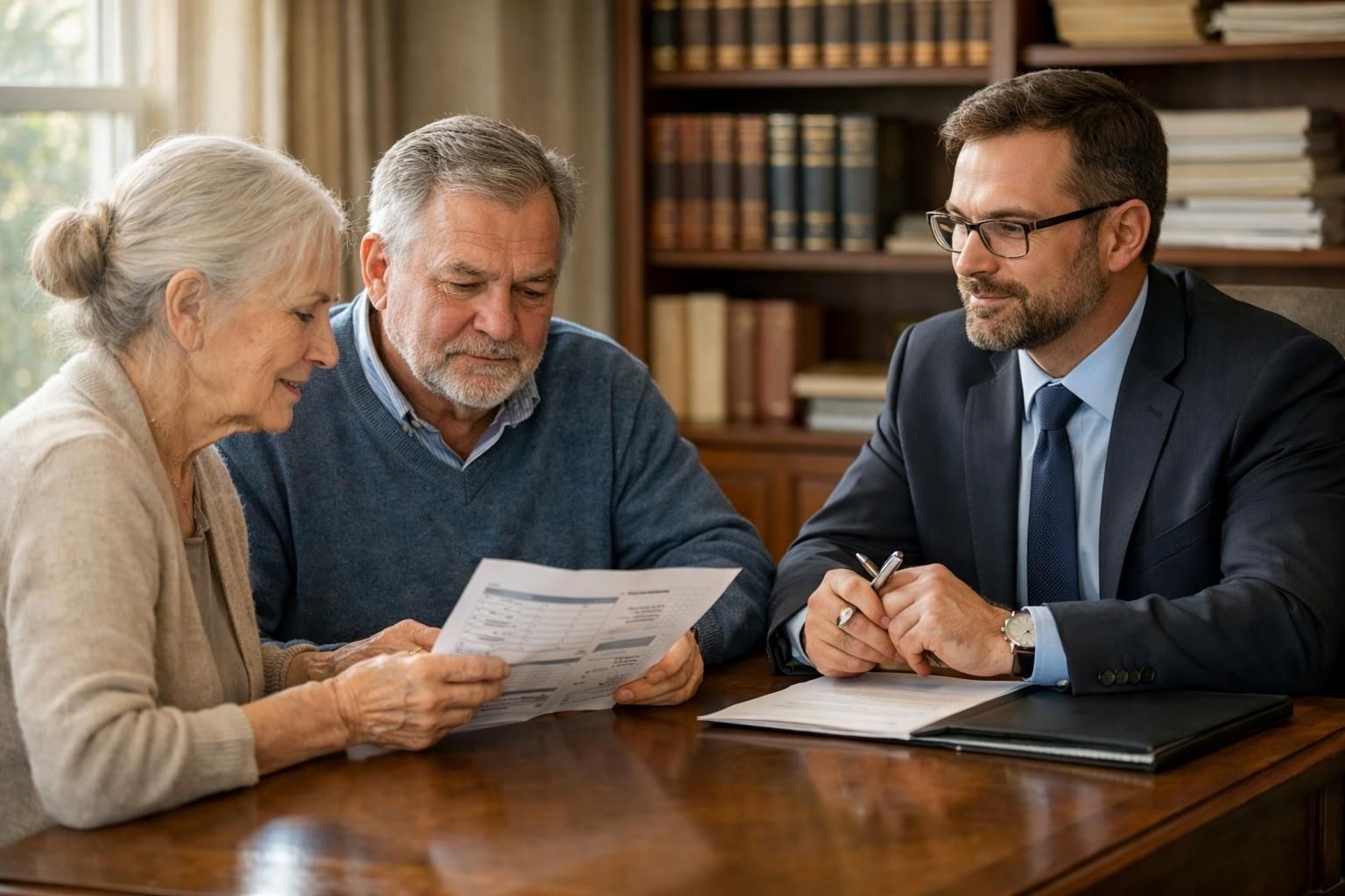 An elderly couple consults their elder law attorney in a modest office. An elderly couple consults their elder law attorney in a modest office.