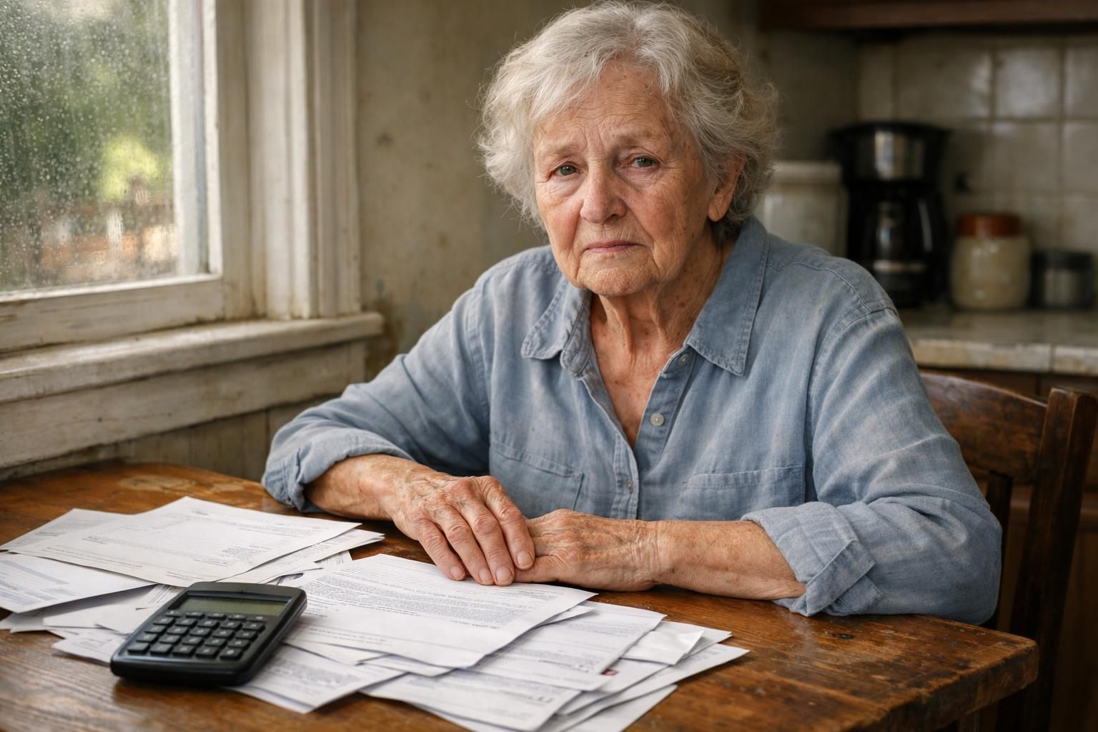 Elderly woman grapples with financial worries at a cluttered kitchen table. Elderly woman grapples with financial worries at a cluttered kitchen table.