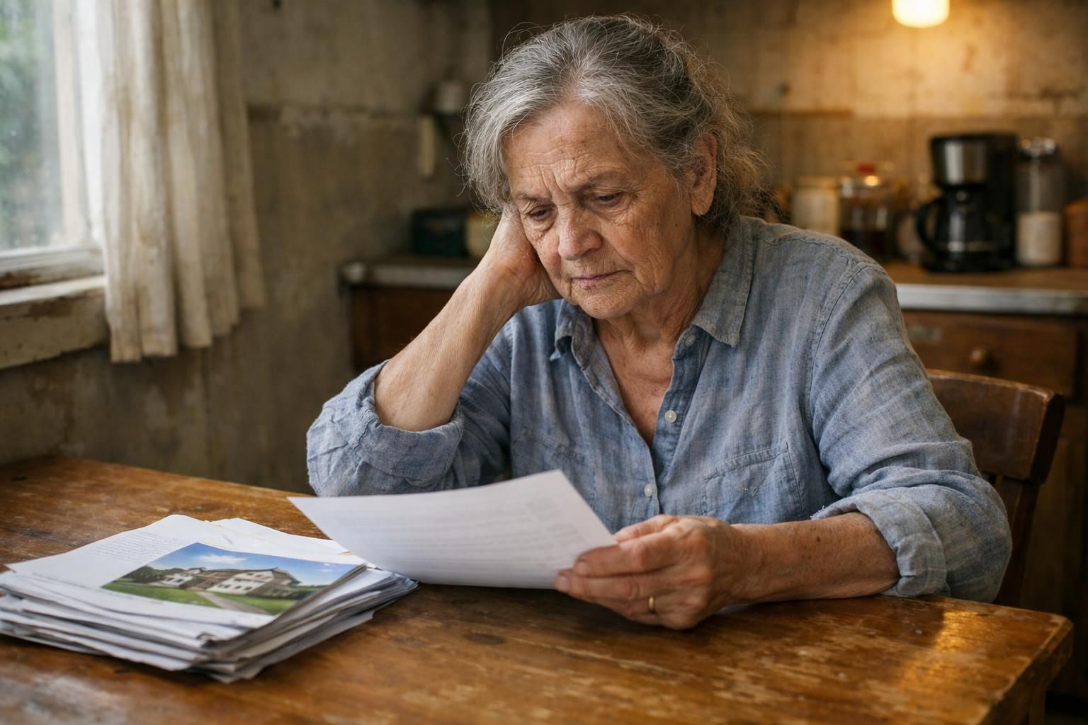 An elderly woman examines paperwork at a worn wooden kitchen table. An elderly woman examines paperwork at a worn wooden kitchen table.