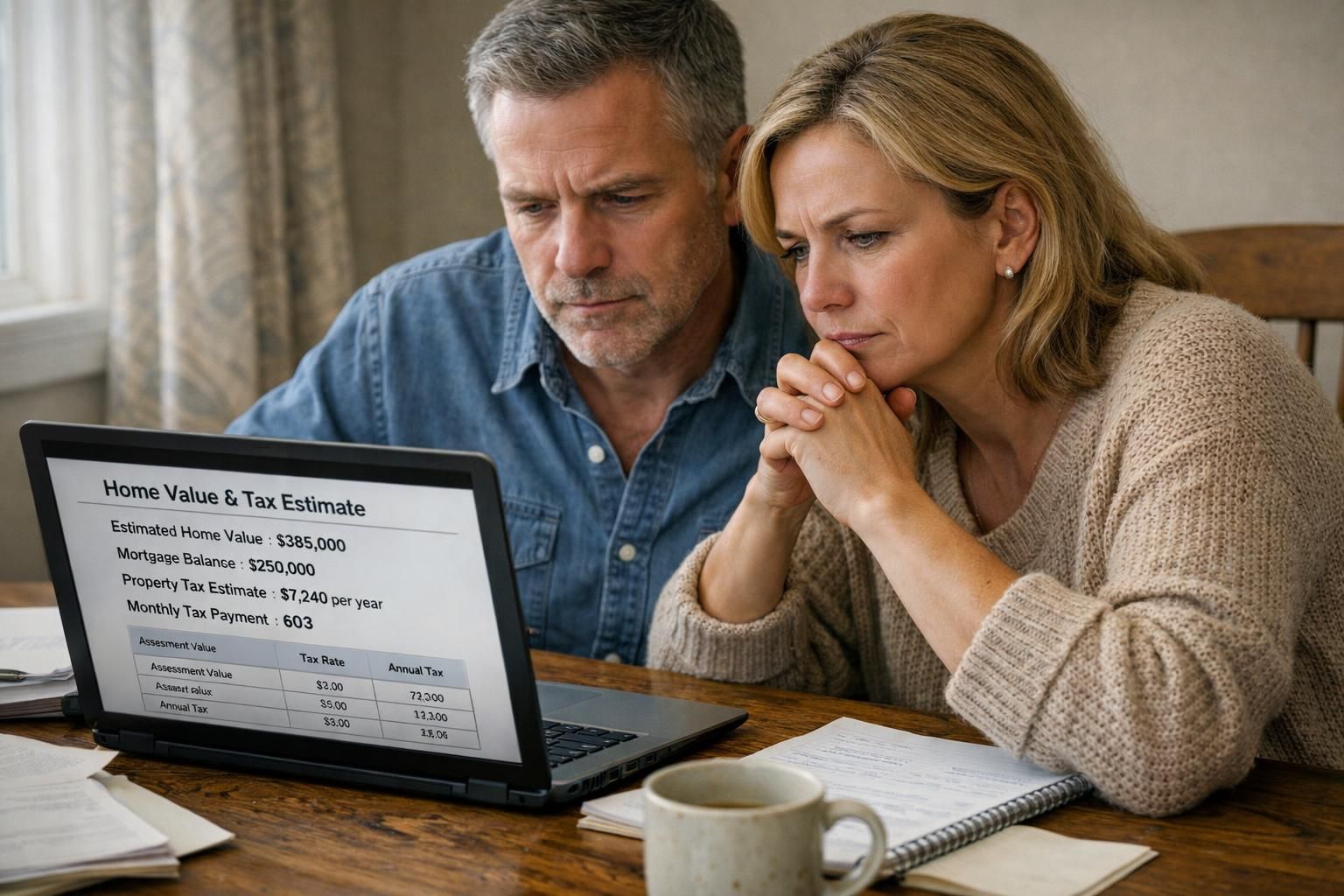 A couple examines home finances at a cluttered dining table.