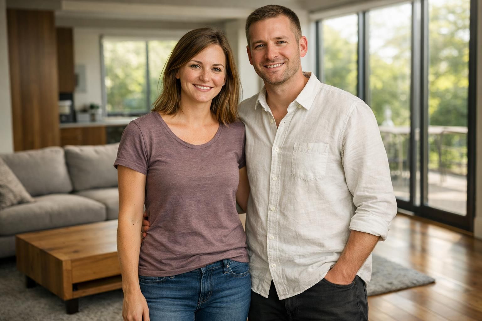 A couple stands together in a stylish, modern living room.