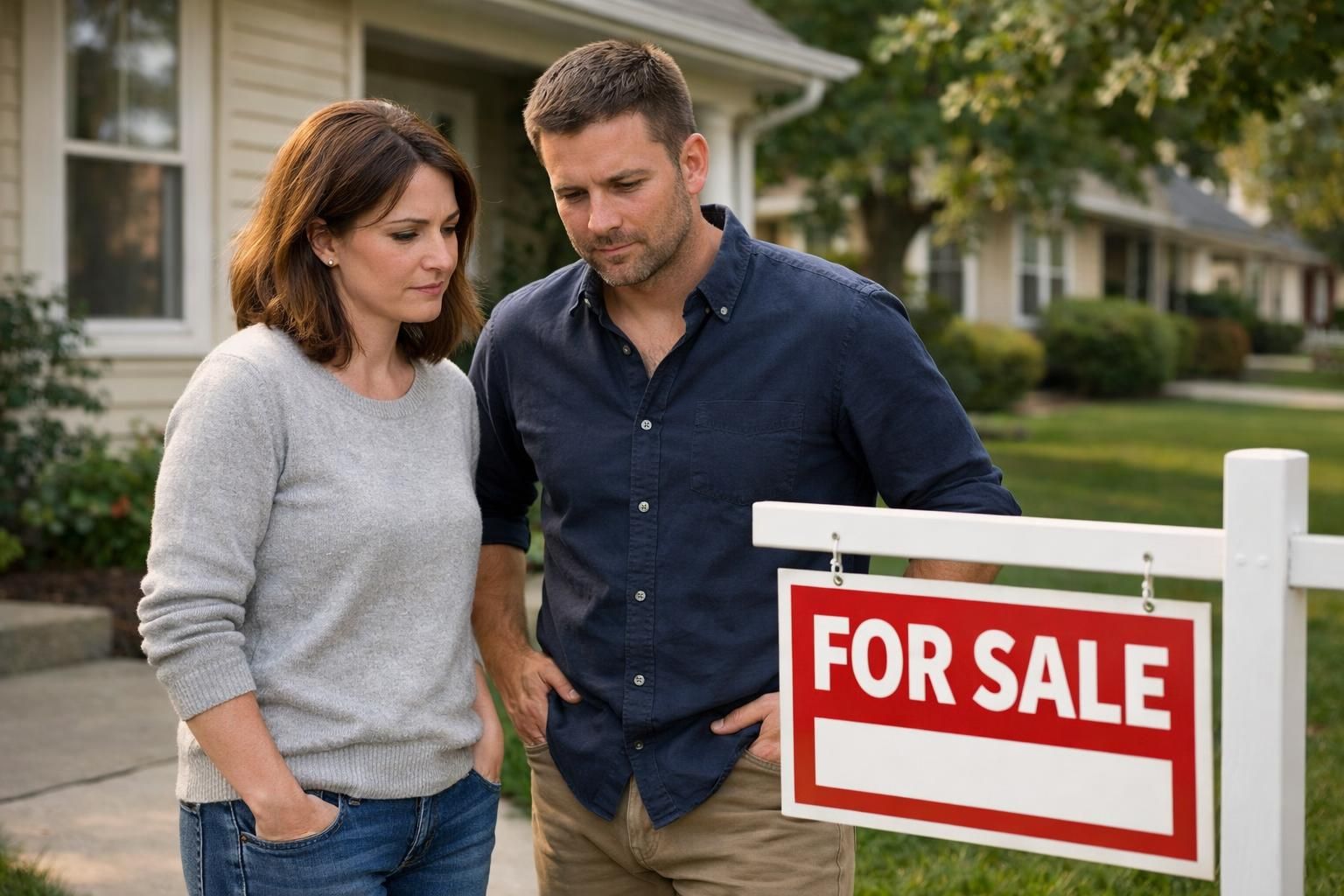A couple contemplates a 'For Sale' sign in front of their home.