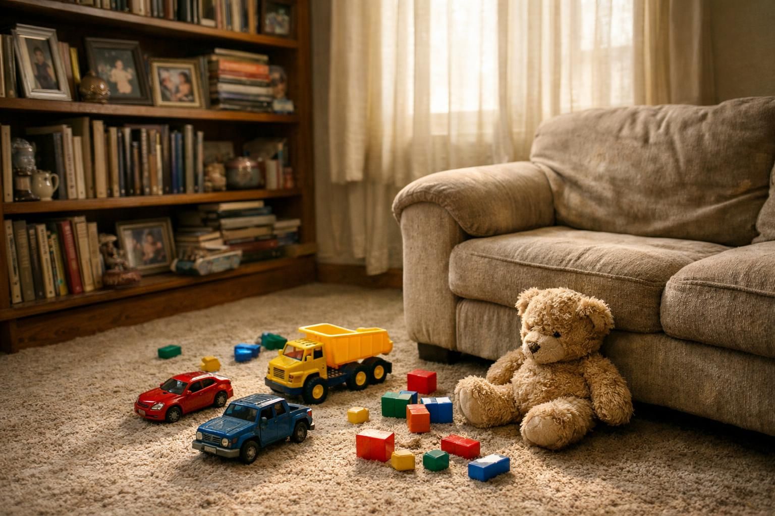 A cozy, lived-in living room with books, toys, and well-worn furniture.