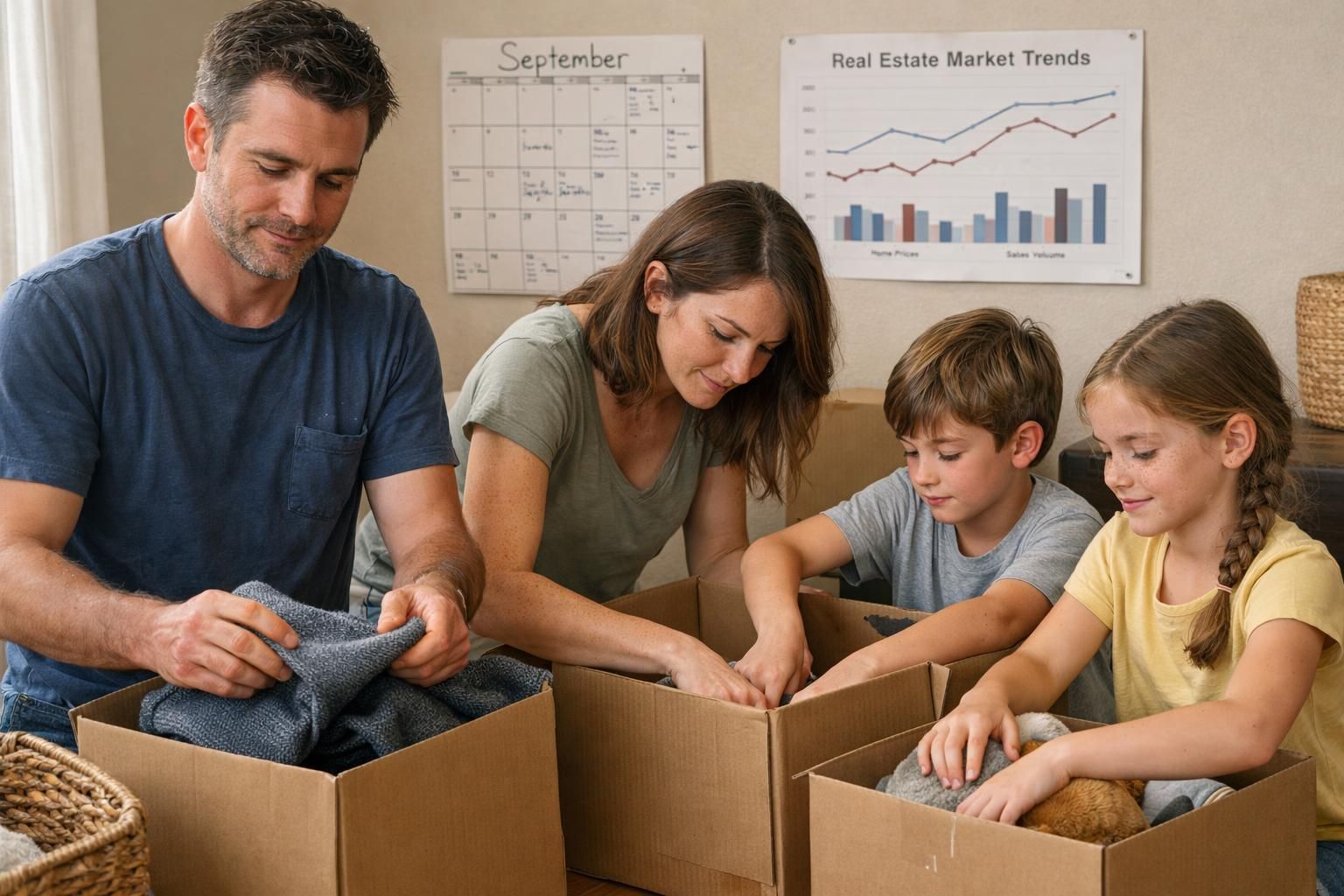 A family of four is packing boxes in their living room.