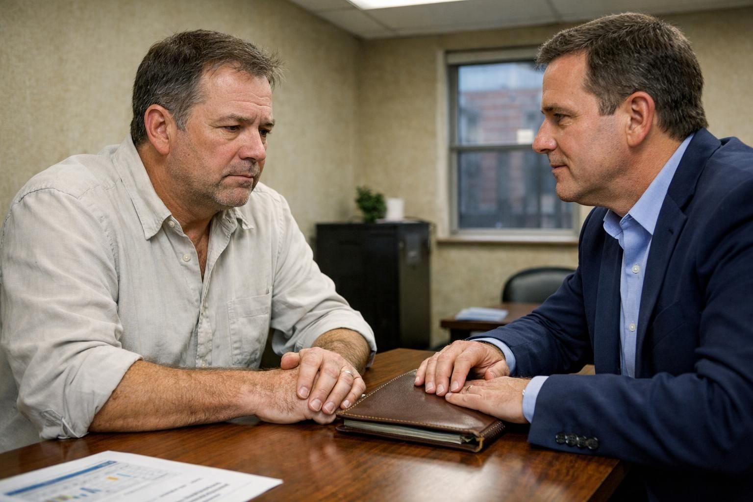 A middle-aged man discusses home sale impacts with a financial planner.