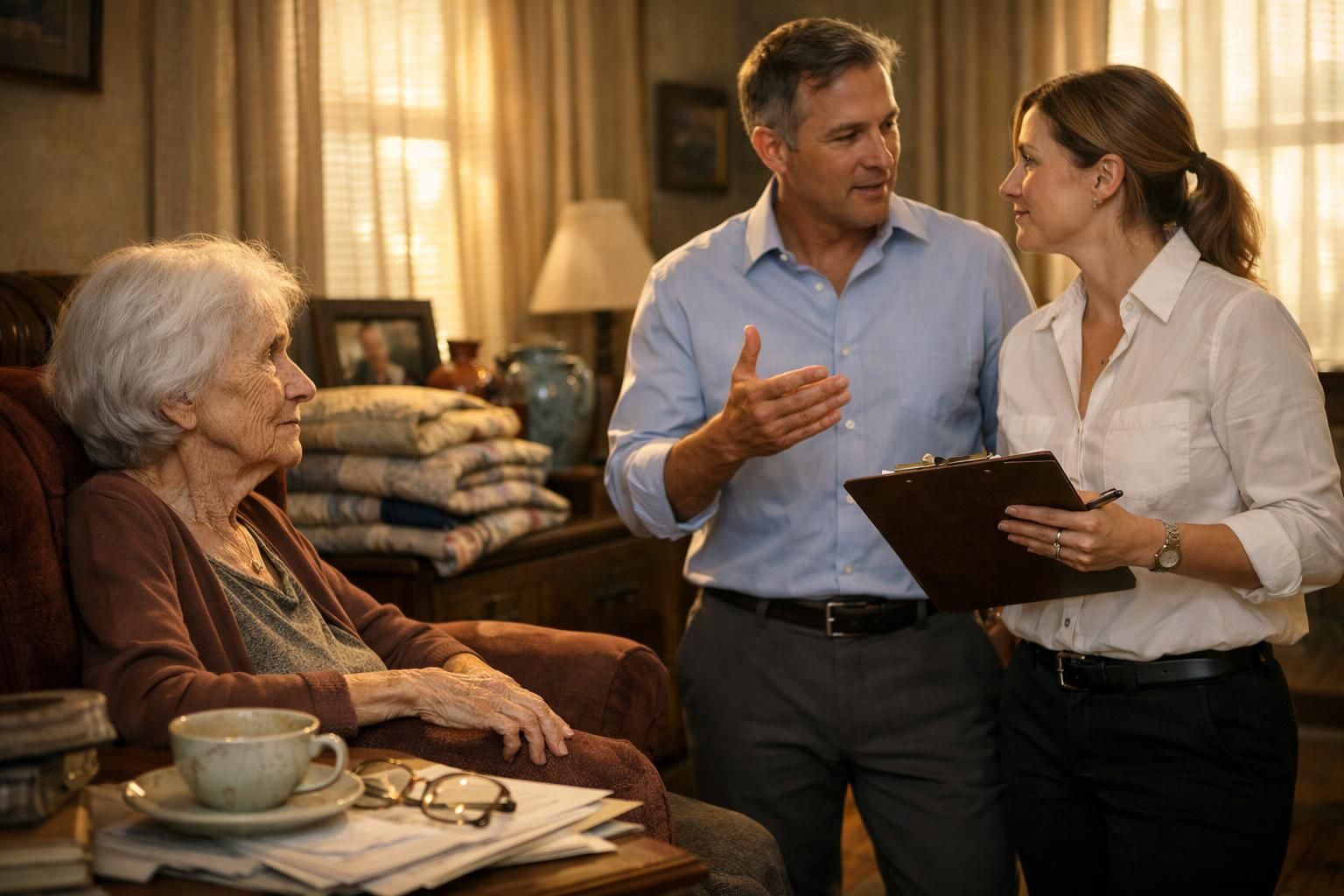 An elderly woman relaxes amidst a cluttered, lived-in room.