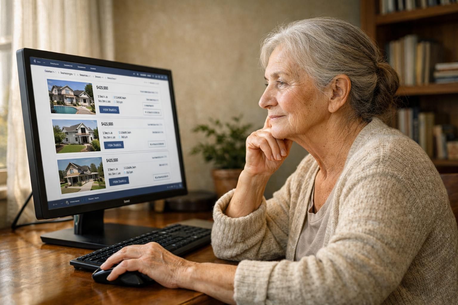 A senior woman thoughtfully reviews real estate listings at her desk.