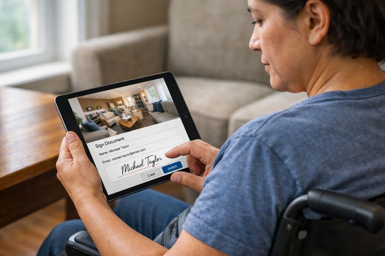 A person in a wheelchair engages with a tablet, exploring a virtual home tour.