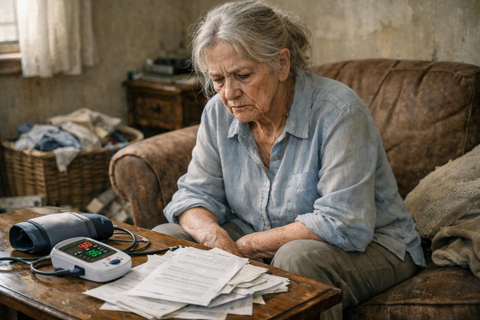 An elderly woman sits anxiously amidst a disordered living room.