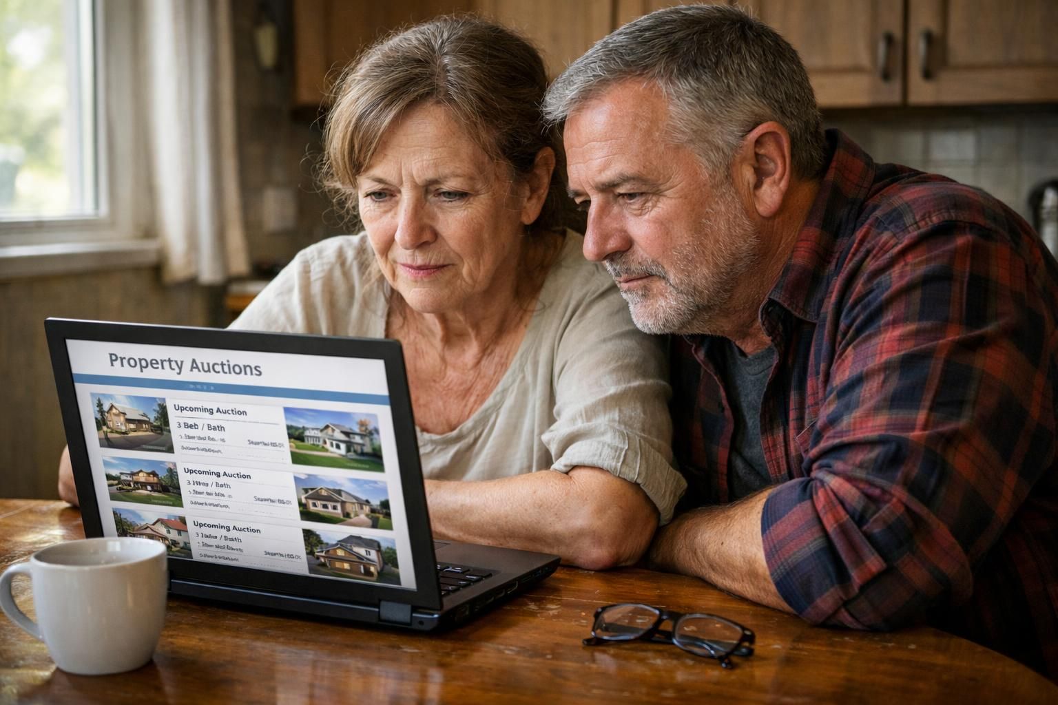 An older couple focused on property auction listings at home. An older couple focused on property auction listings at home.