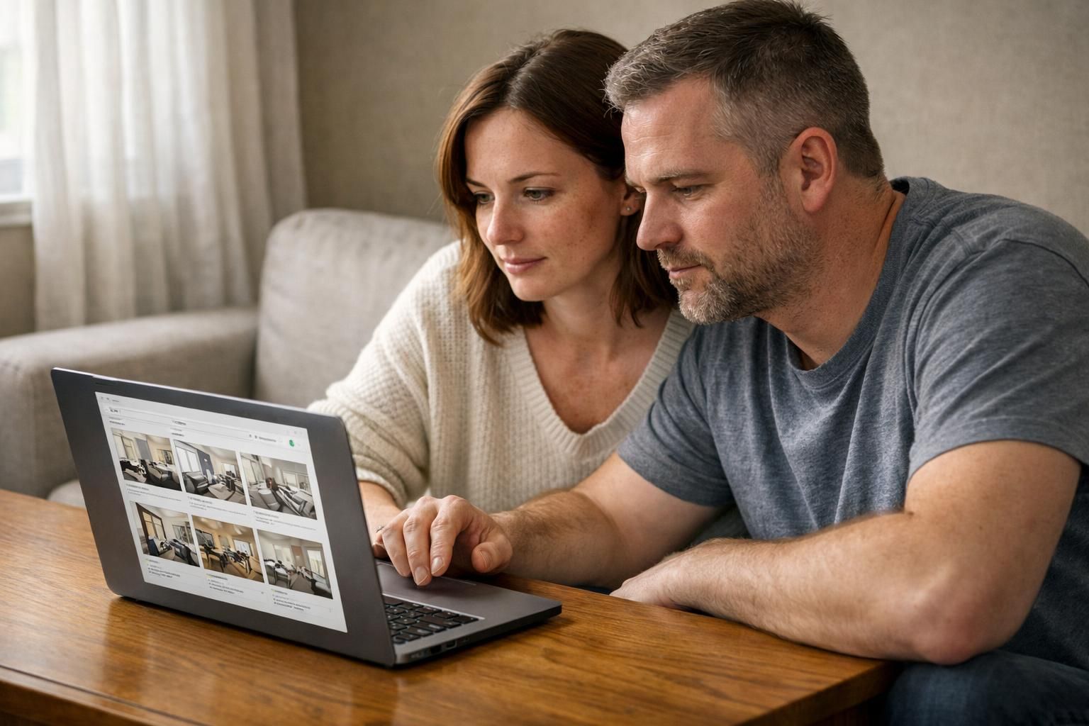 A couple collaborates on real estate decisions using a laptop. A couple collaborates on real estate decisions using a laptop.