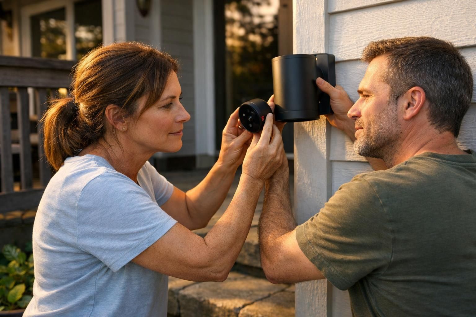 A couple collaborates on home improvements outside their suburban house. A couple collaborates on home improvements outside their suburban house.