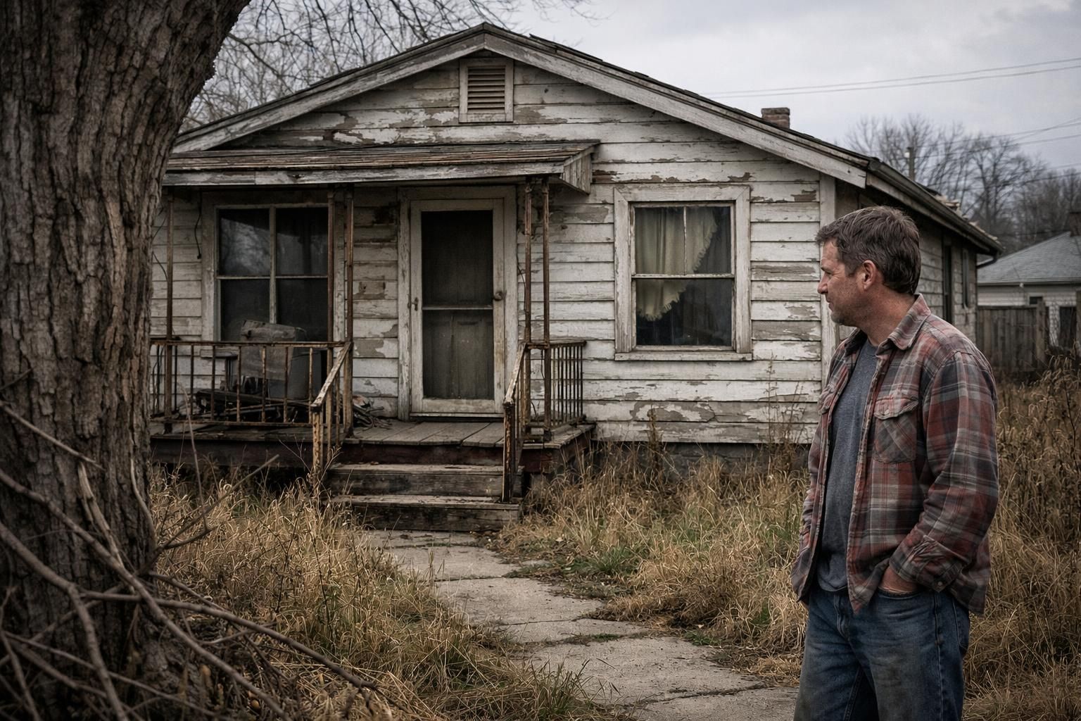 A weary man stands by a dilapidated house in a neglected neighborhood. A weary man stands by a dilapidated house in a neglected neighborhood.