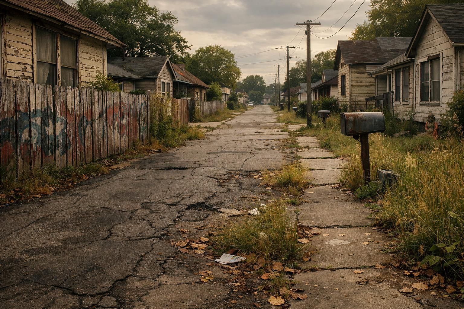 A weathered suburban street shows signs of decline and neglect. A weathered suburban street shows signs of decline and neglect.