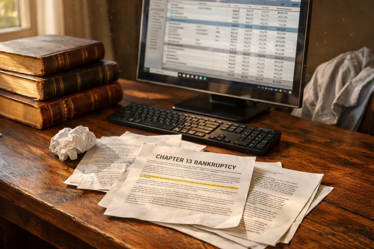 A cluttered desk with bankruptcy documents and legal books evokes focus.