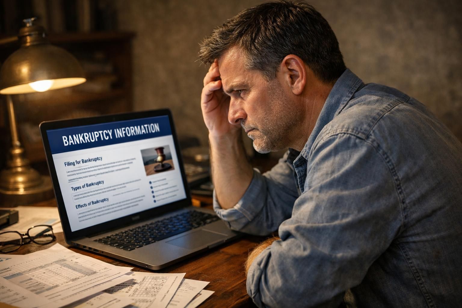 A concerned man examines bankruptcy information at a cluttered desk.