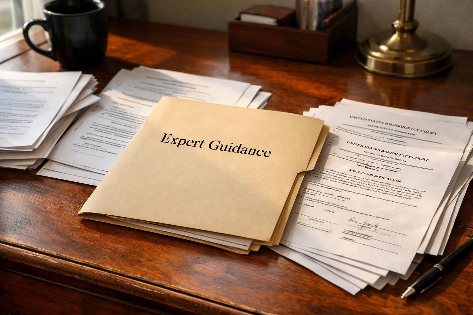 Cluttered home office desk with legal documents and a labeled folder.